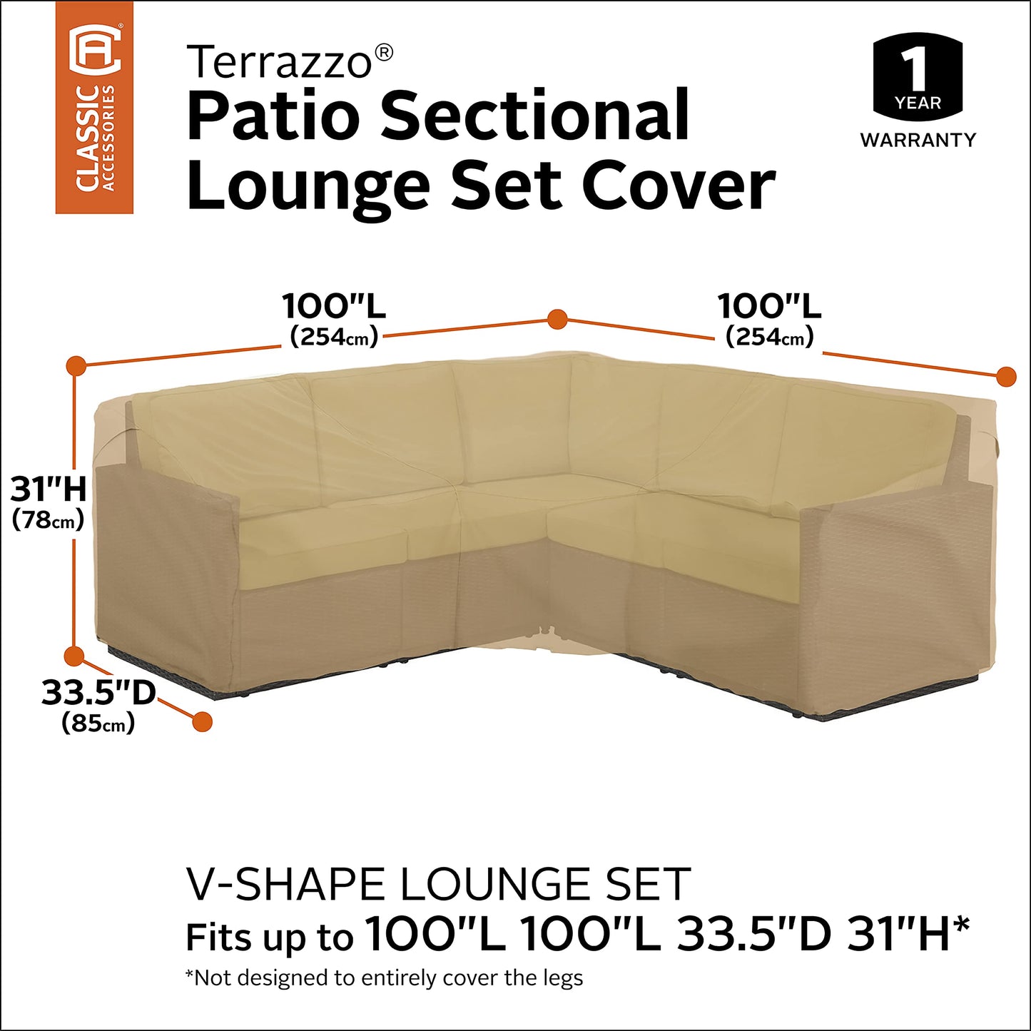 Classic Accessories Terrazzo Water-Resistant 100 Inch Patio V-Shaped Sectional Lounge Set Cover, Patio Furniture Covers
