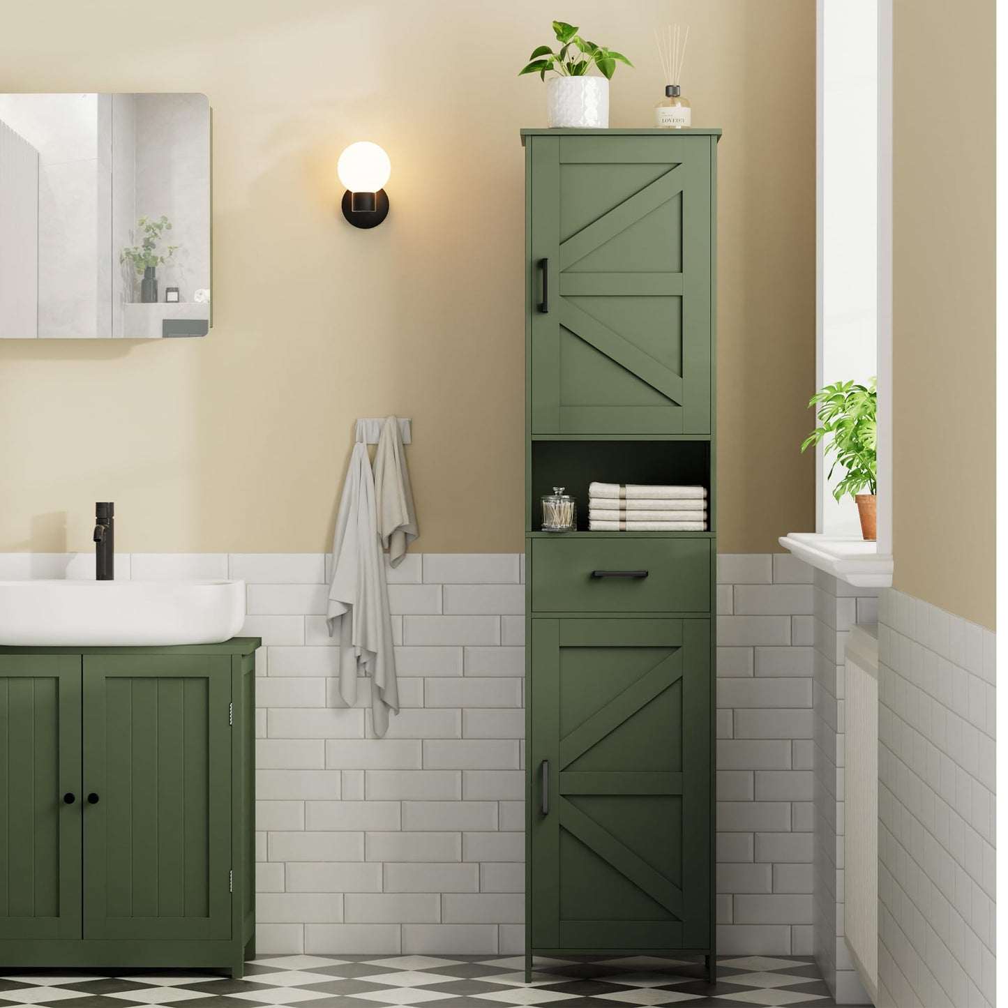 Homhedy 67" H Tall Bathroom Storage Cabinet with 2 Barn Doors and 1 Drawer, Narrow Storage Unit, Adjustable Shelves, Floor Cabinet for Bathroom, Living Room, Entryway, Kitchen, Green, (15.7" W)