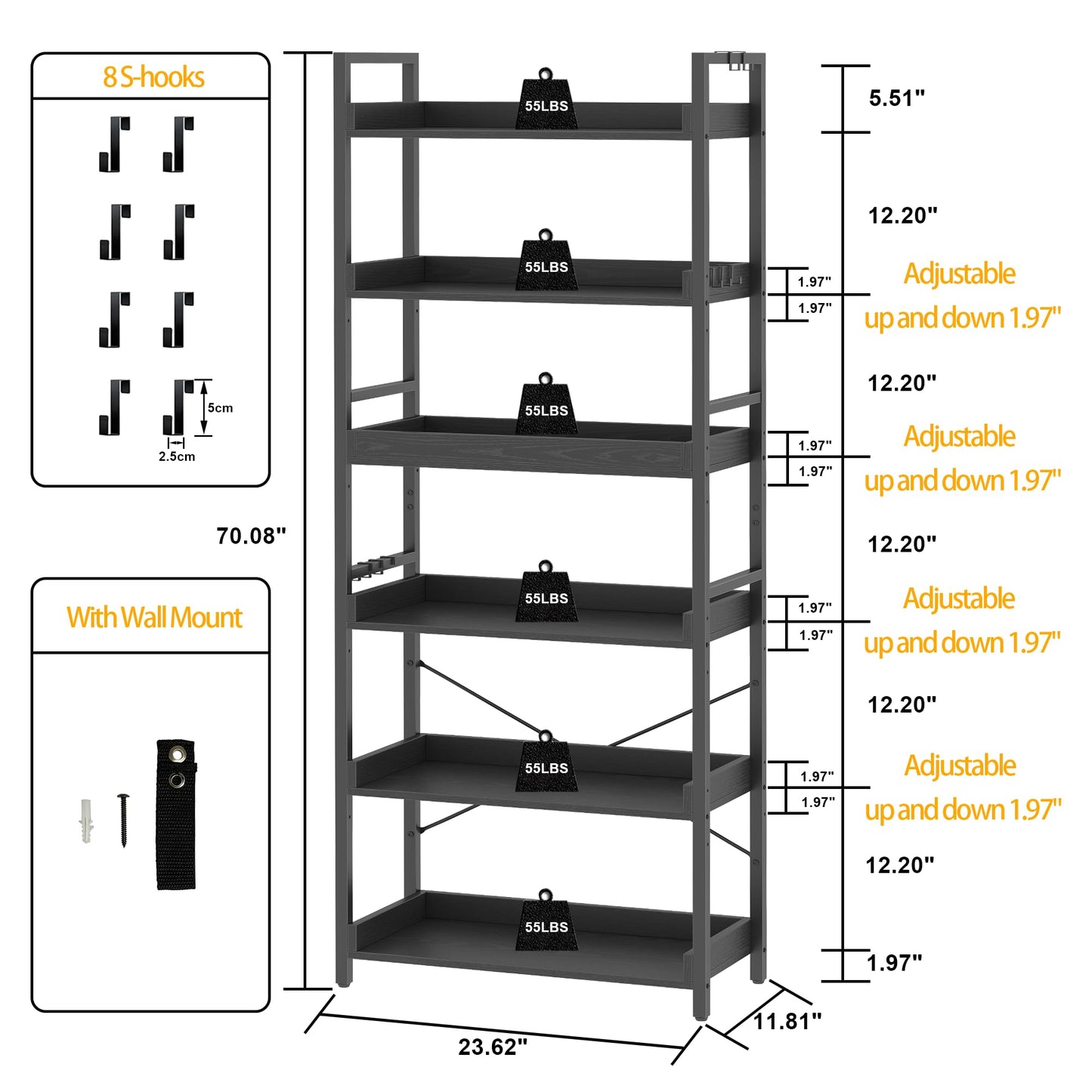 HCHQHS 6 Tier Bookshelf, Adjustable Industrial Bookcase, Vertical Tall Book Shelf, Wood and Black Metal Open Bookshelves for Home Office, Living Room, Bedroom, 70 Inch