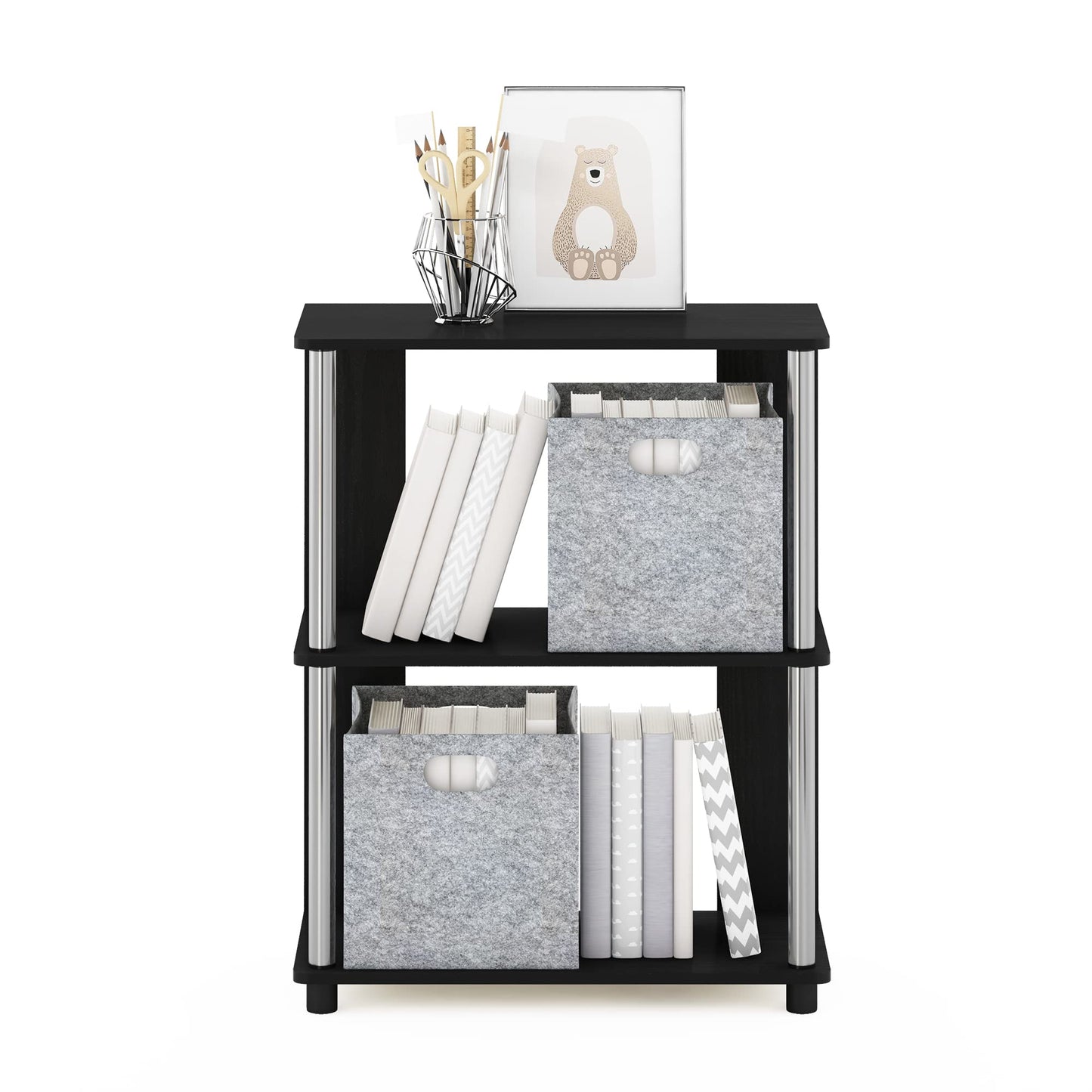 Furinno Jaya Simple Design 3-Tier Bookcase/Bookshelf/Display Rack with Stainless Steel Tubes, Americano