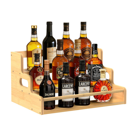 Aiowhy Bamboo Liquor Bottle Display Shelf, 3 Step Countertop Wine Rack, Bar Bottle Stand with Handles & Guardrail, Retro Mini Display Rack for Syrup, Wine, Dressing, Home Kitchen Cafe, Natural