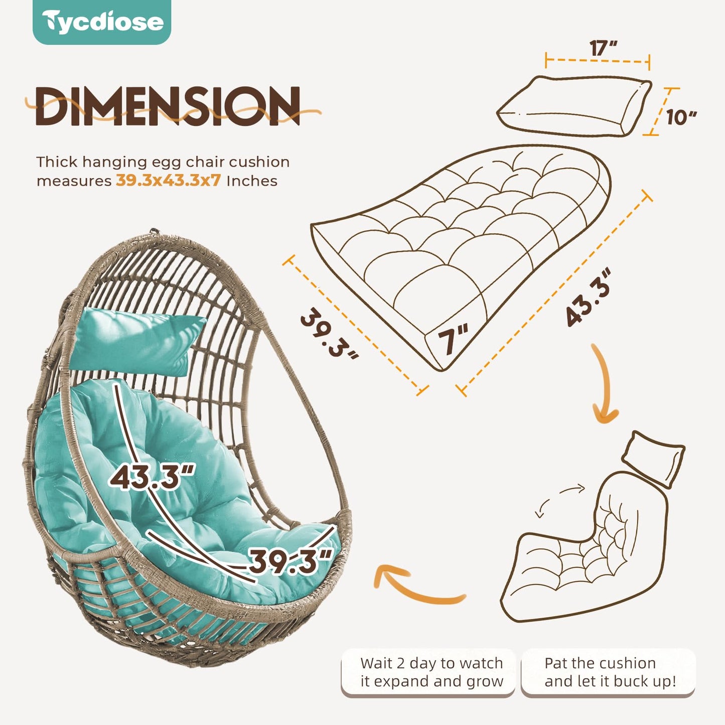 Tycdiose Outdoor Hanging Egg Chair Cushion Replacement, Thicken Egg Chair Cushion Waterproof Basket Eggs Chairs Cushion with Headrest Pillow, U-Shaped Cushions for Hanging Eggs Chairs Swing (Teal)