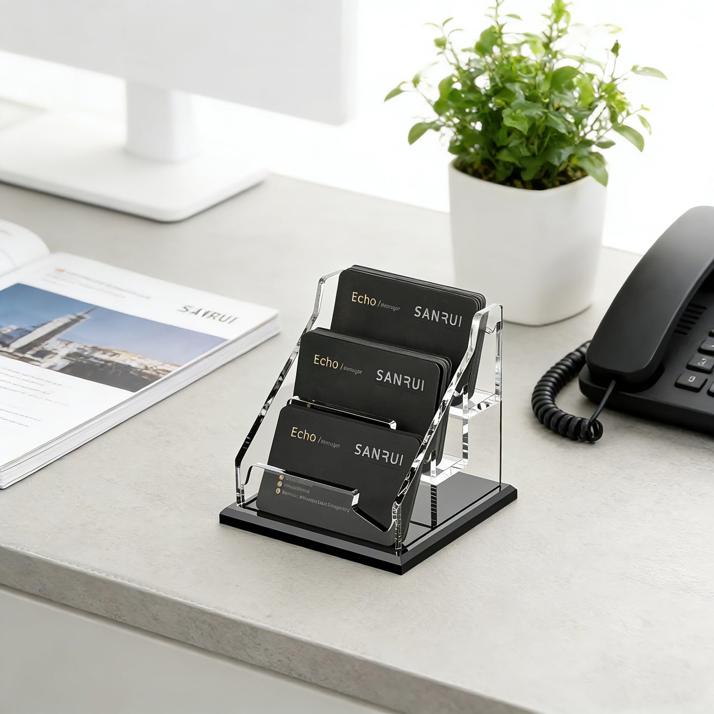 SANRUI Clear Acrylic Business Card Holder, 3-Slot Desktop Business Card Display Stand with Stable Widened Black Base, Desk Accessories Workspace Organizer for Office Reception Trade Show