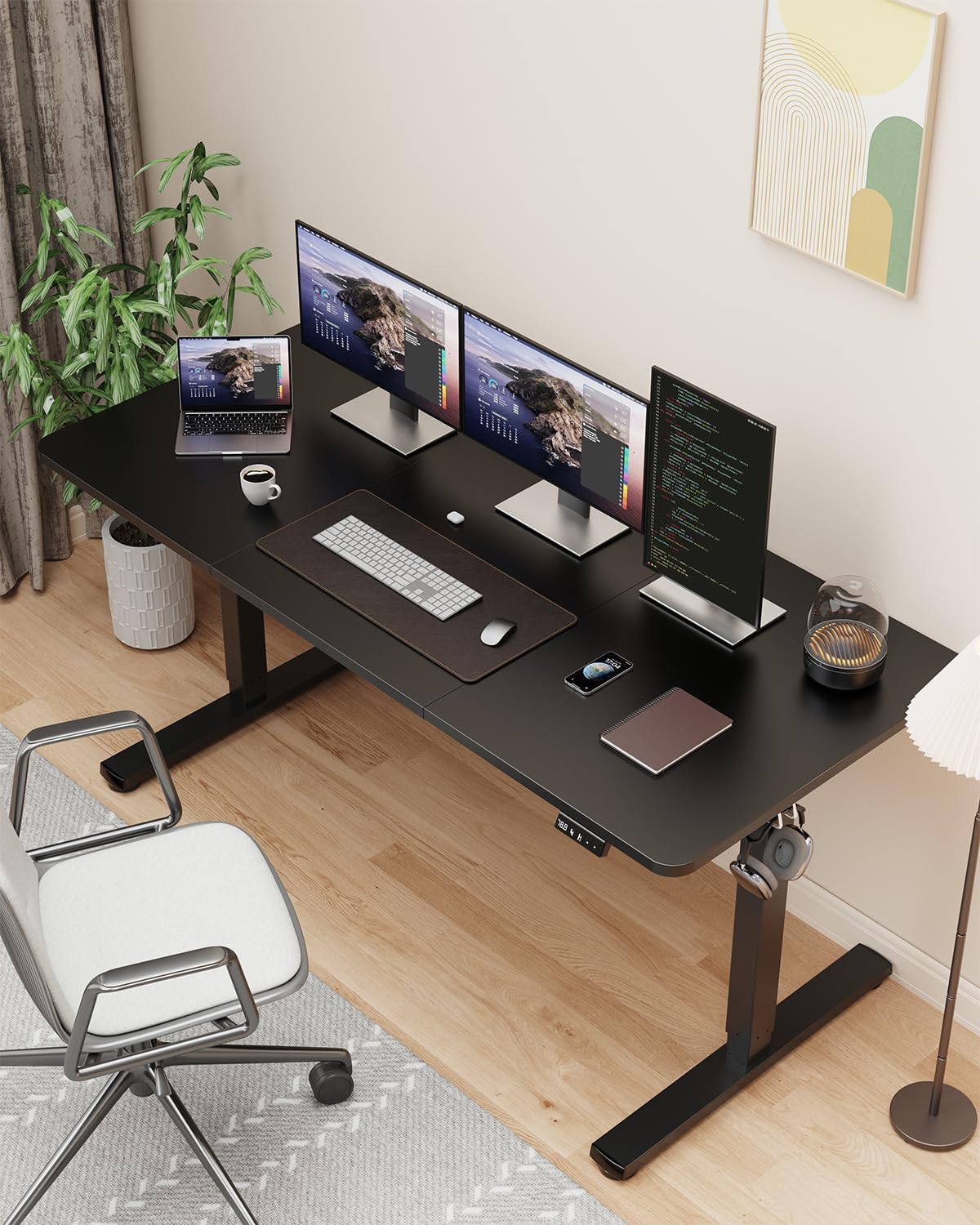 Xyndyx 55" Electric Standing Desk Adjustable Height, Sit Stand up Desk for Home Office & Computer Workstation, 2 Memory Height Settings, Splice Board, 2 Hooks, Black Frame/Black Top