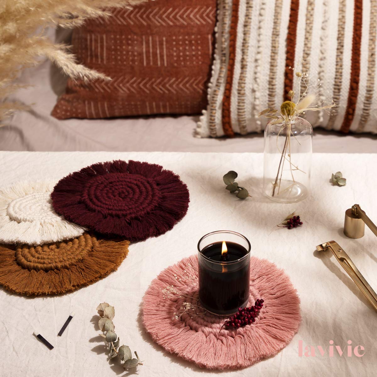 lavivie Macrame Coasters Woven Boho Handmade Absorbent Placemats, for Desk Table Kitchen Dining Room Drink Picnic Housewarming Home Decor Rattan Wicker Bamboo1 (Marshmallow (Set of 2))