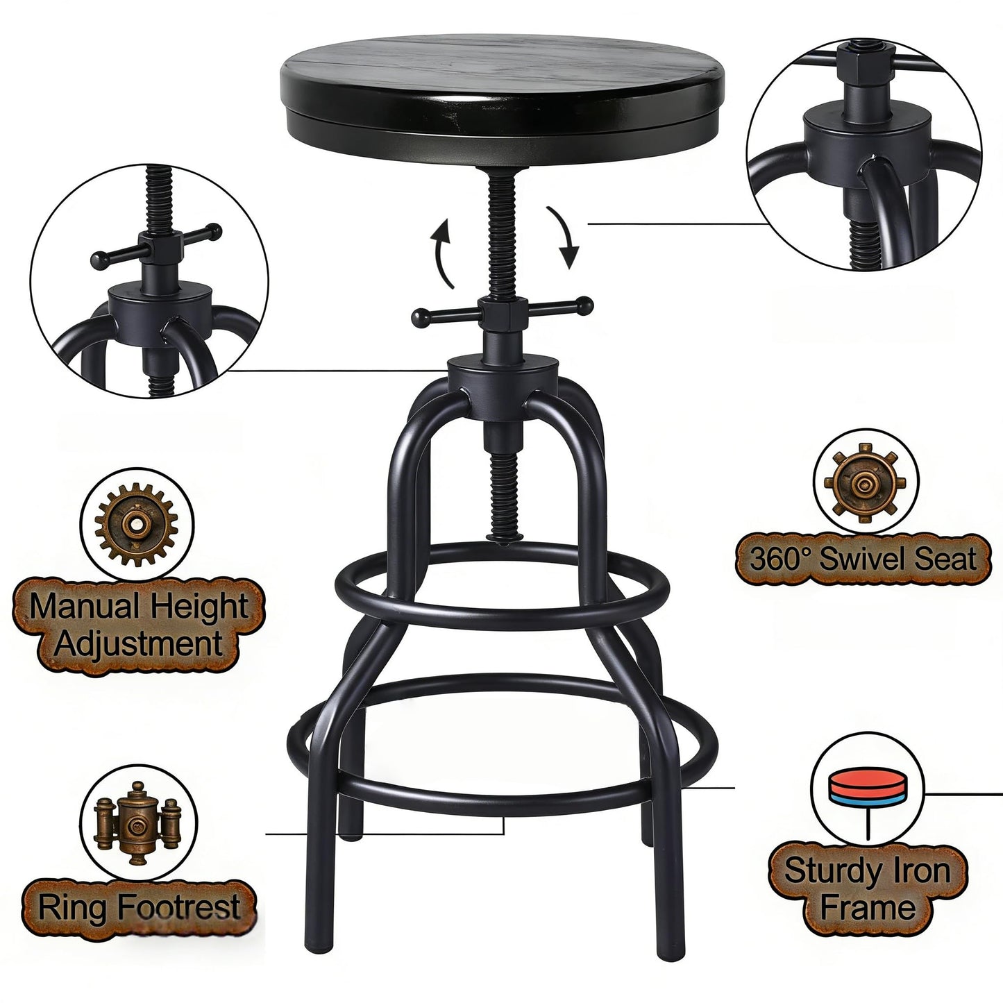 LOKKHAN Vintage Industrial Bar Stool - Rustic Swivel - Round Wood Metal - Kitchen Counter Height Adjustable - Pipe Stool - Cast Steel - 20-27 Inch (Set of 2)