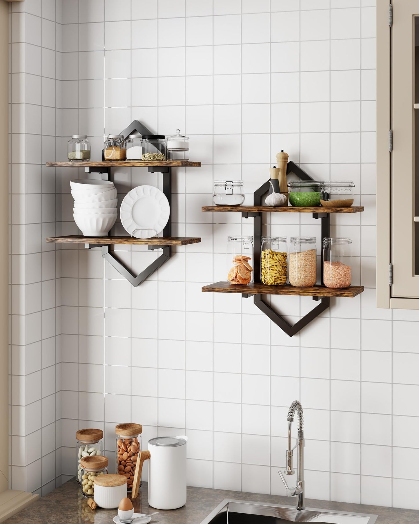 Forjarn Floating Shelves, Set of 2 Wall Shelf, Wall Mounted Decorative Shelves, 2-Tier Modern Geometric Hanging Storage Shelf for Living Room, Bedroom, Kitchen, Office, Study (Rustic Brown + Black)