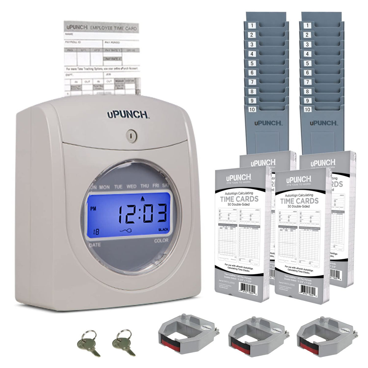 uPunch HN4500 Advanced Calculating Time Clock Bundle for Small Business: Complete Employee Time Tracking System with 200 Time Cards, Racks, Ribbons, and Keys