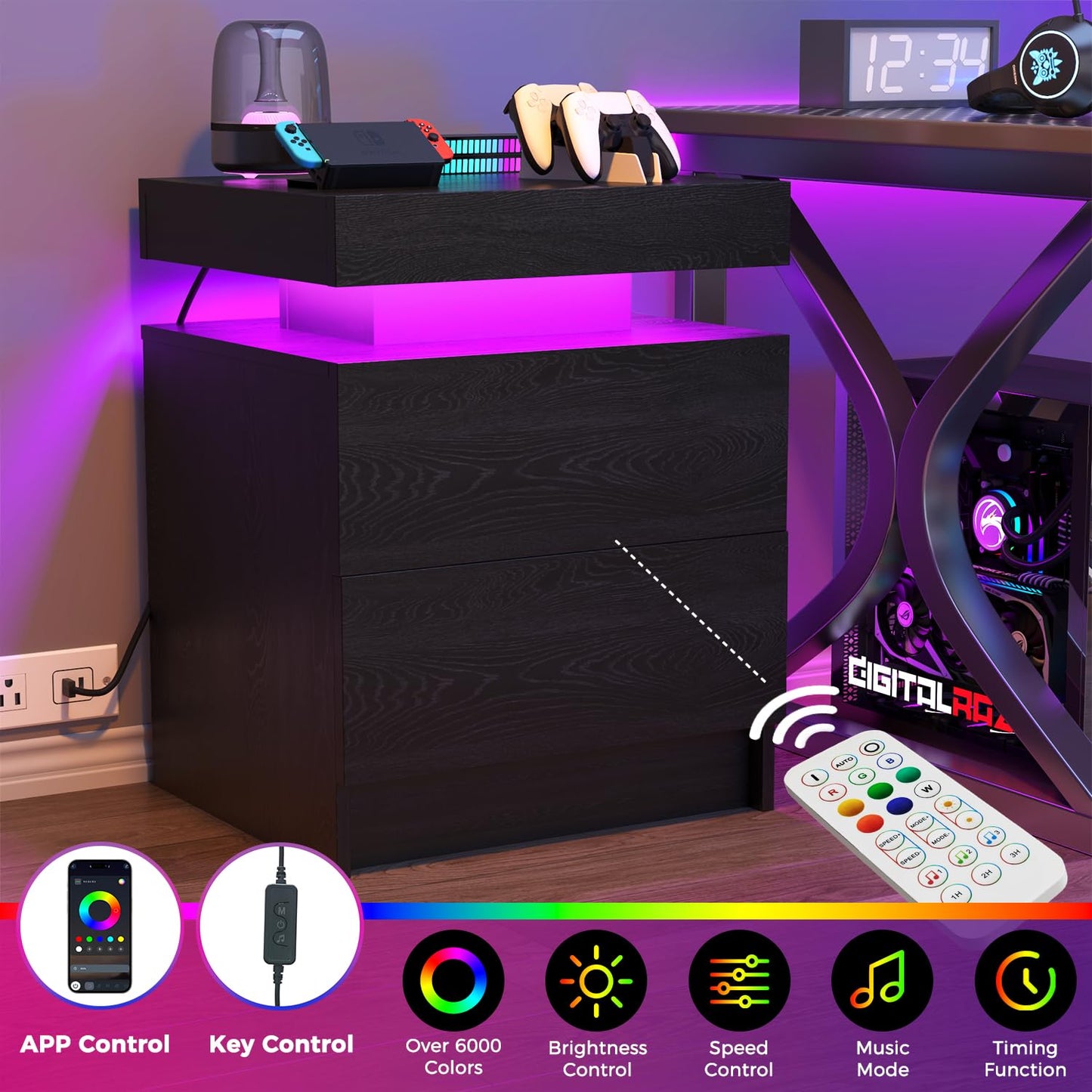 SMORBOSS LED Nightstands Set of 2, Modern Black Night Stand End Tables with APP & Remote Control LED Lighting, 2 Drawers, Open Shelf Storage, Bedside Tables for Bedroom and Living Room