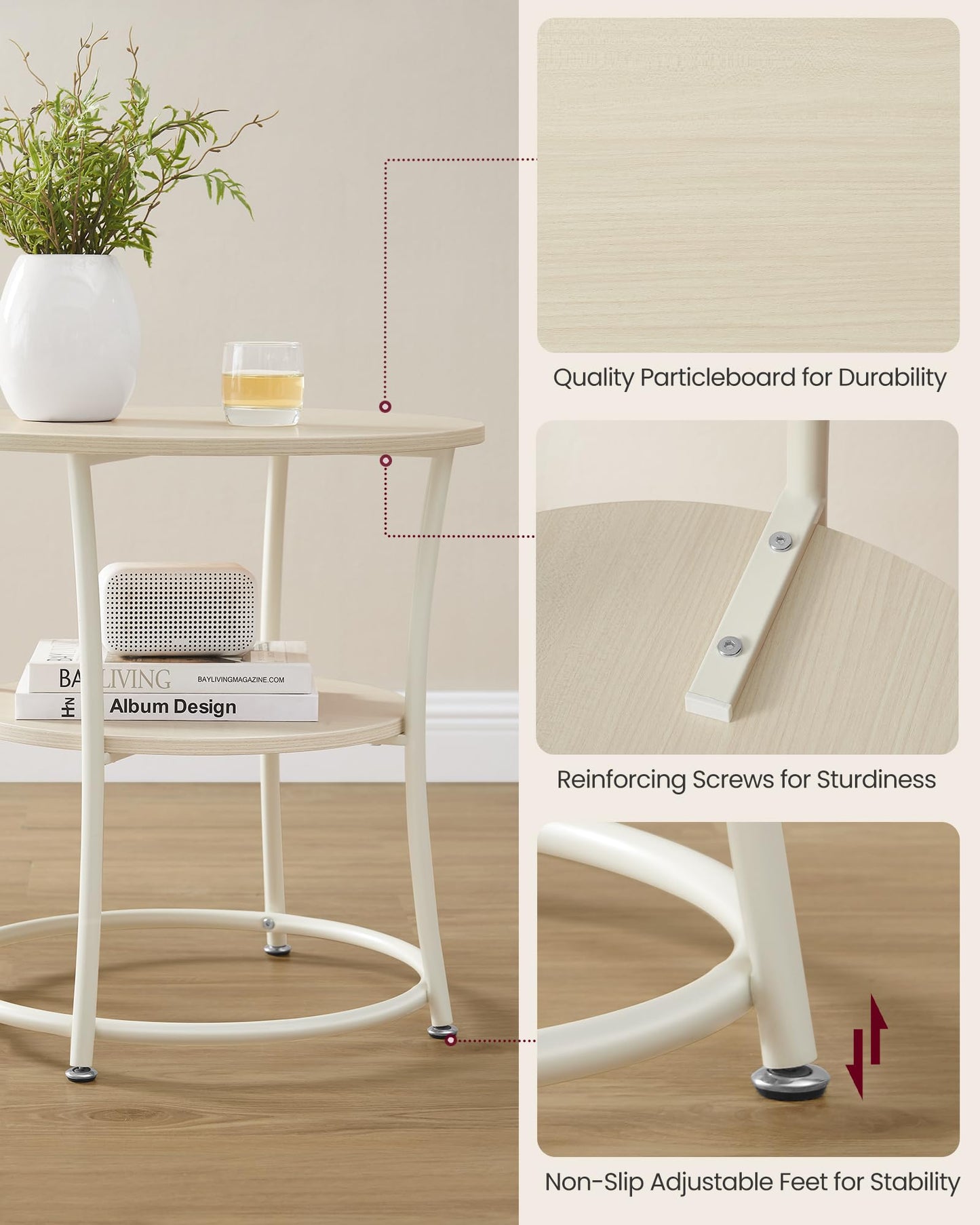 VASAGLE 21.7-Inch Round Side Table, 2-Tier End Table, Nightstand with Steel Frame, Spacious Top, for Small Spaces, Living Room, Bedroom, Natural Beige ULET056N01