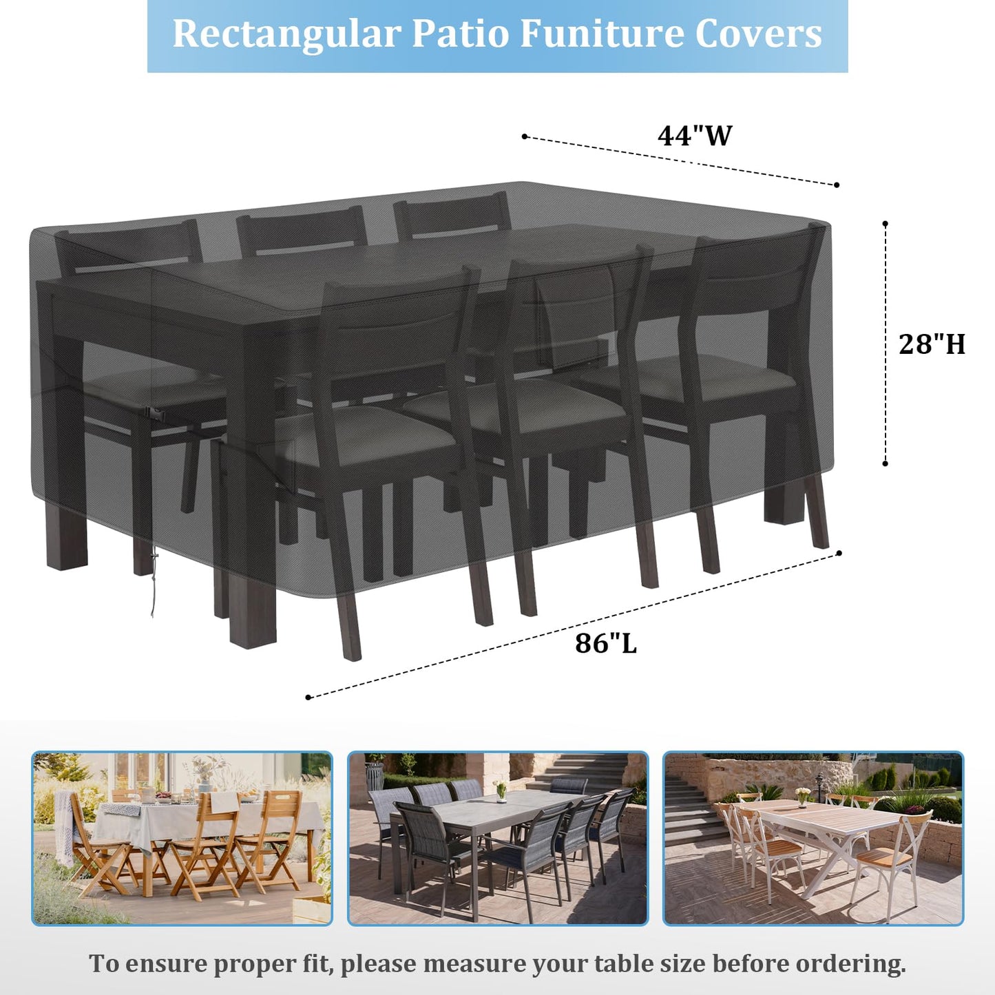 RICHIE Patio Furniture Covers - 600D Heavy Duty Waterproof Rectangle Table Cover, Lawn Furniture Set Covers for Outside Dining Table and Chairs Seating 86"L x 44"W x 28"H