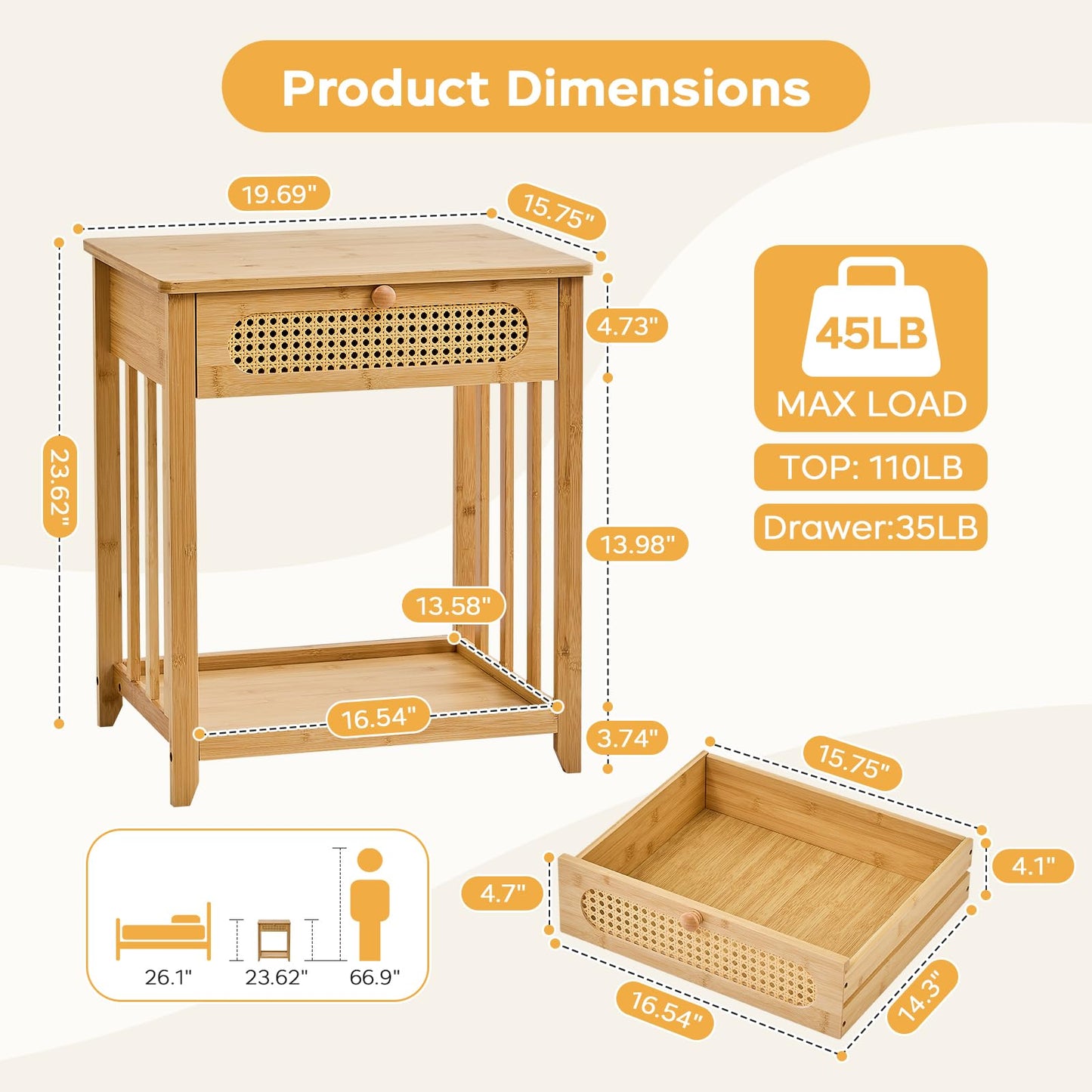 oakvivo Nightstand Set of 2, Rattan Night Stand Bedside Table with Drawer, 19.7" W Bamboo End Tables with Open Storage Shelf, Boho Sofa Bed Side Table for Bedroom, Living Room, Sofa, Couch, Natural