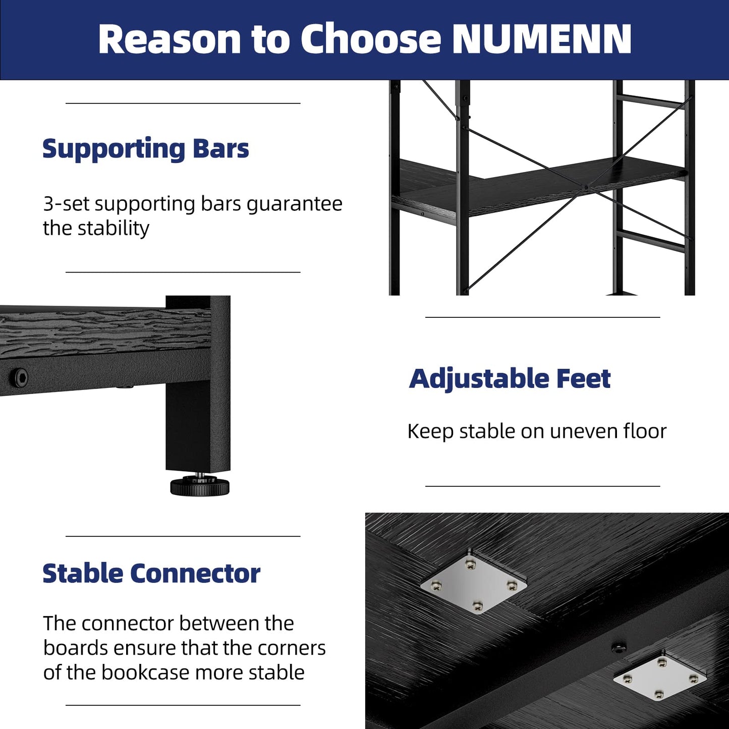 NUMENN 5 Tier Corner Bookshelf, Modern Corner Bookcase, Large Open Shelf Bookcase, Tall Bookshelves Storage Display Rack for Bedroom, Living Room and Home Office, Black