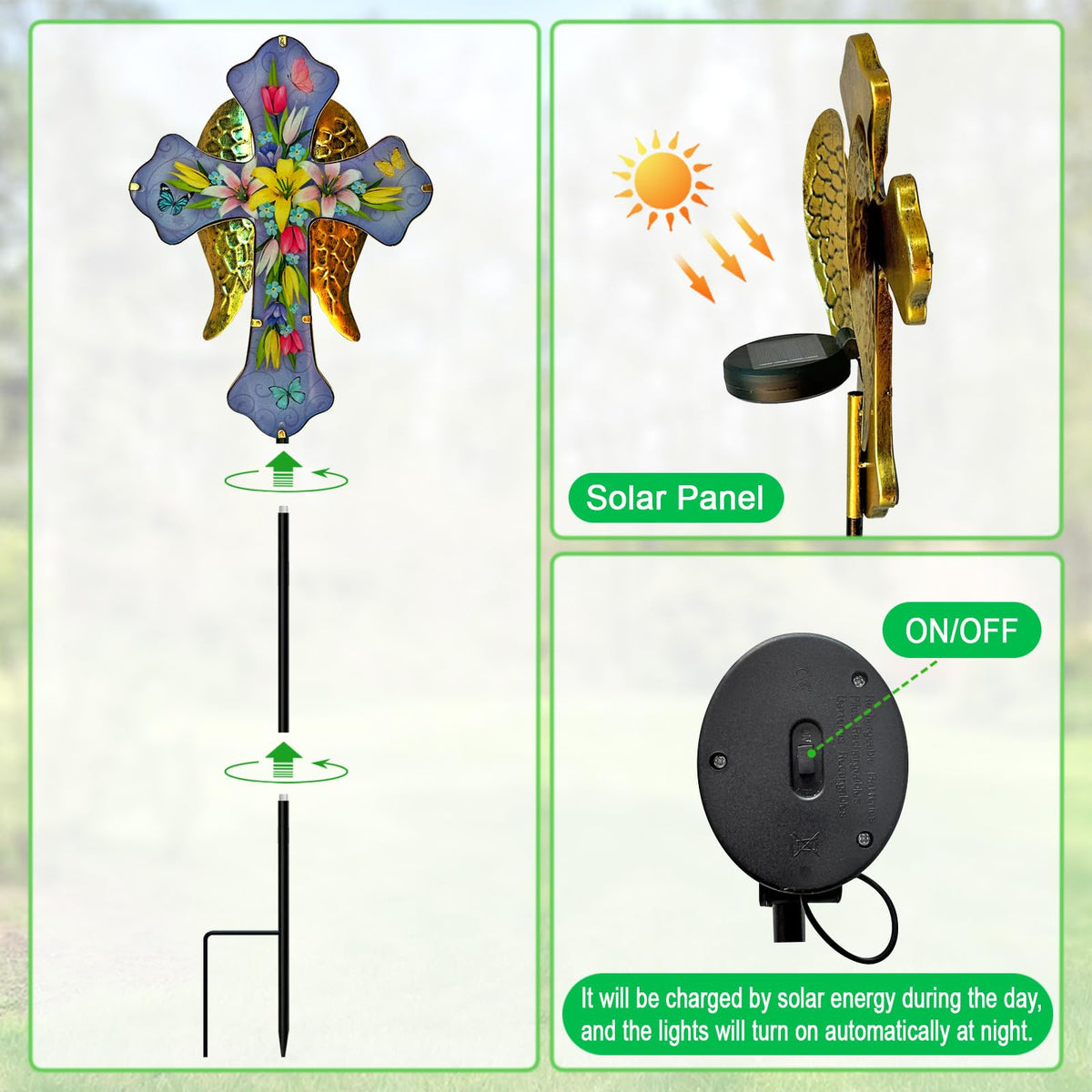 Solar Cross Garden Stakes for Graves,Lily Cemetery Decorations Yard Patio Decor,Golden Angel Wings Cross Lights Outdoor,Remembrance Gifts
