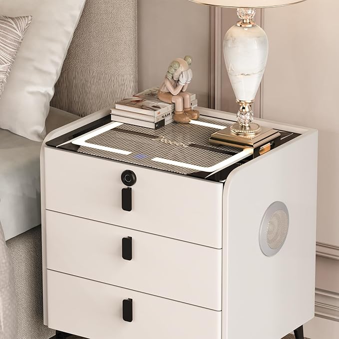 Smart Nightstand with Wireless Charging, with Fingerprint Lock Drawer, Night