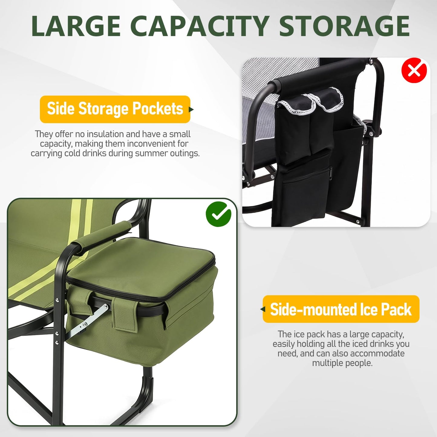 Outvita Heavy Duty Folding Camping Director Chair with Insulated Cooler Bag, Side Table & Cup Holder, 300LBS Sturdy Portable Chair for Camping Fishing Tailgating Backyard BBQ