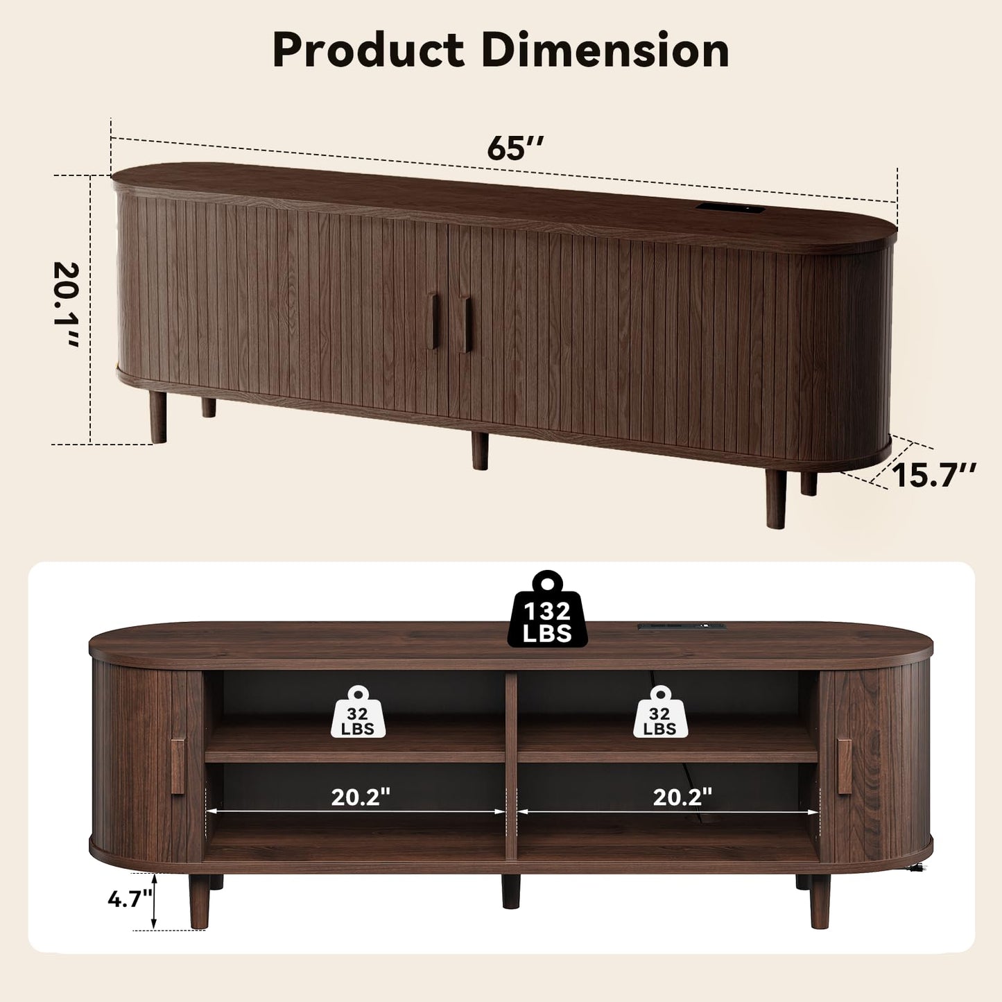 OneBlis 65" Mid Century Modern TV Stand with Power Outlet, Fluted Entertainment Center with Storage and Adjustable Shelves, Wood TV Console with Sliding Doors for Living Room, Walnut