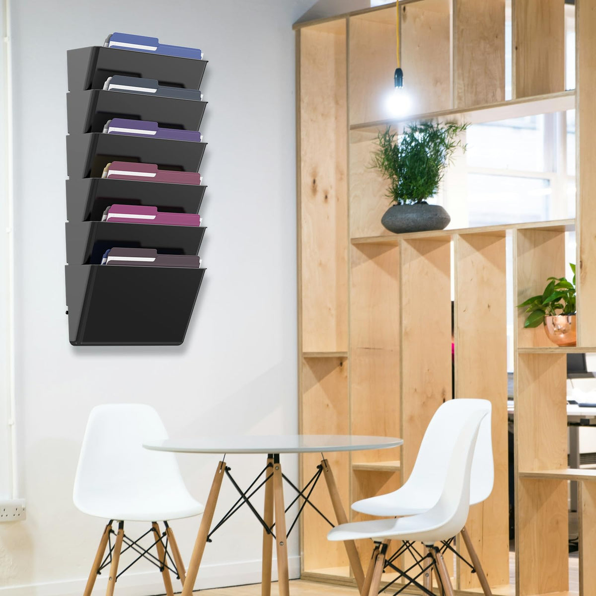 MINDEPOT 6 Pockets Acrylic Wall File Organizer, Clear Wall File Holder, Plastic Hanging Wall File Holder for Office, School and Home, Black