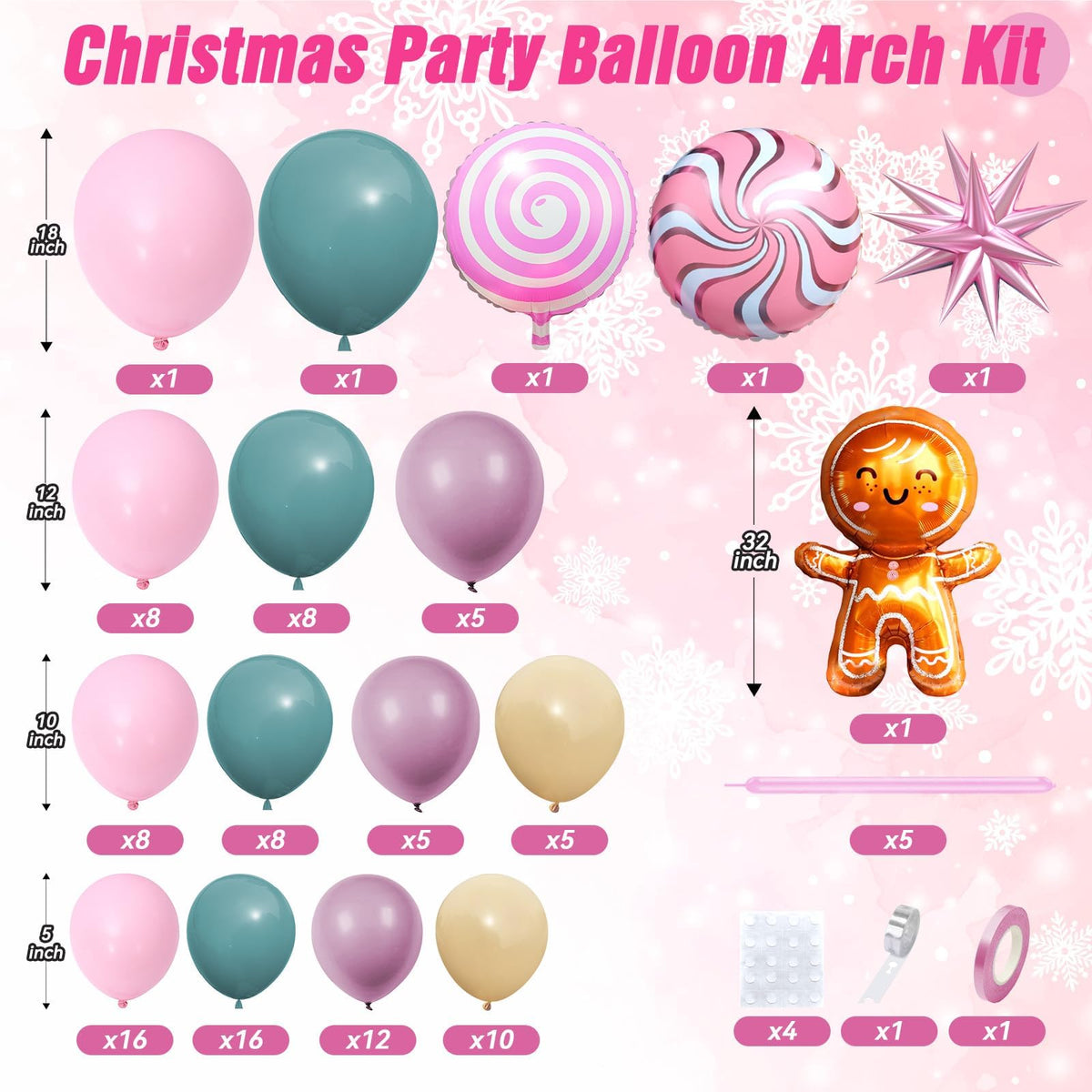 Christmas Balloon Arch Kit, Sage Green Nude Pink Purple Balloons with Lollipop Candy Gingerbread Man Star Foil Balloons for Xmas Holiday Winter Birthday New Year Party Decorations
