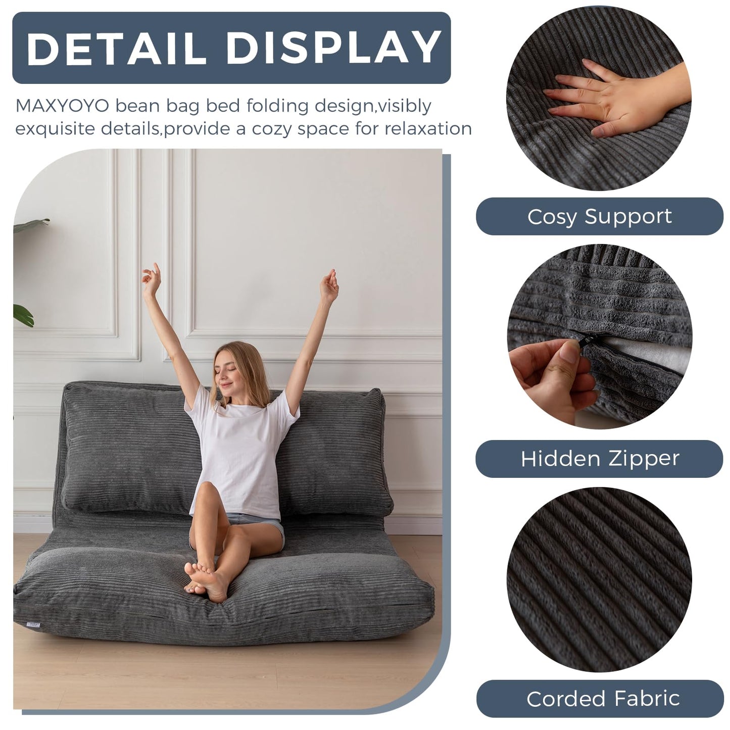 MAXYOYO Folding Sofa Bed, Extra Thick and Long Floor Sofa Convertible Chair with Washable Cover, Floor Couch Lounge Bean Bag Bed for Living Room, Dark Grey, 30x91 Inch