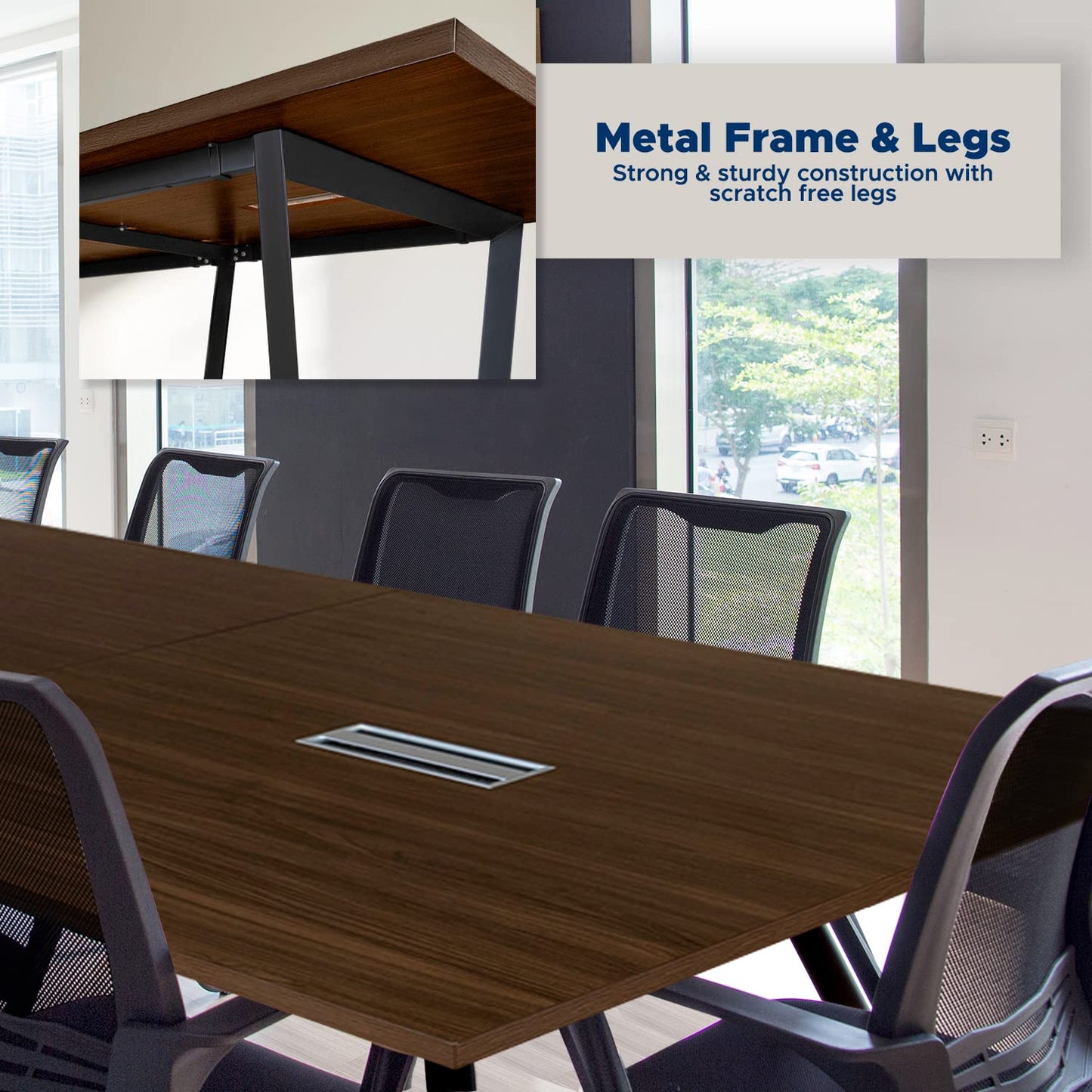 ahliss Sturdy Conference Table with Cable Management Grommets Modern Rectangle Office Meeting Table with Wood Tabletop and Metal Frame & Legs- Easy Assembly Boardroom Table (Dark Brown, 8 Foot)
