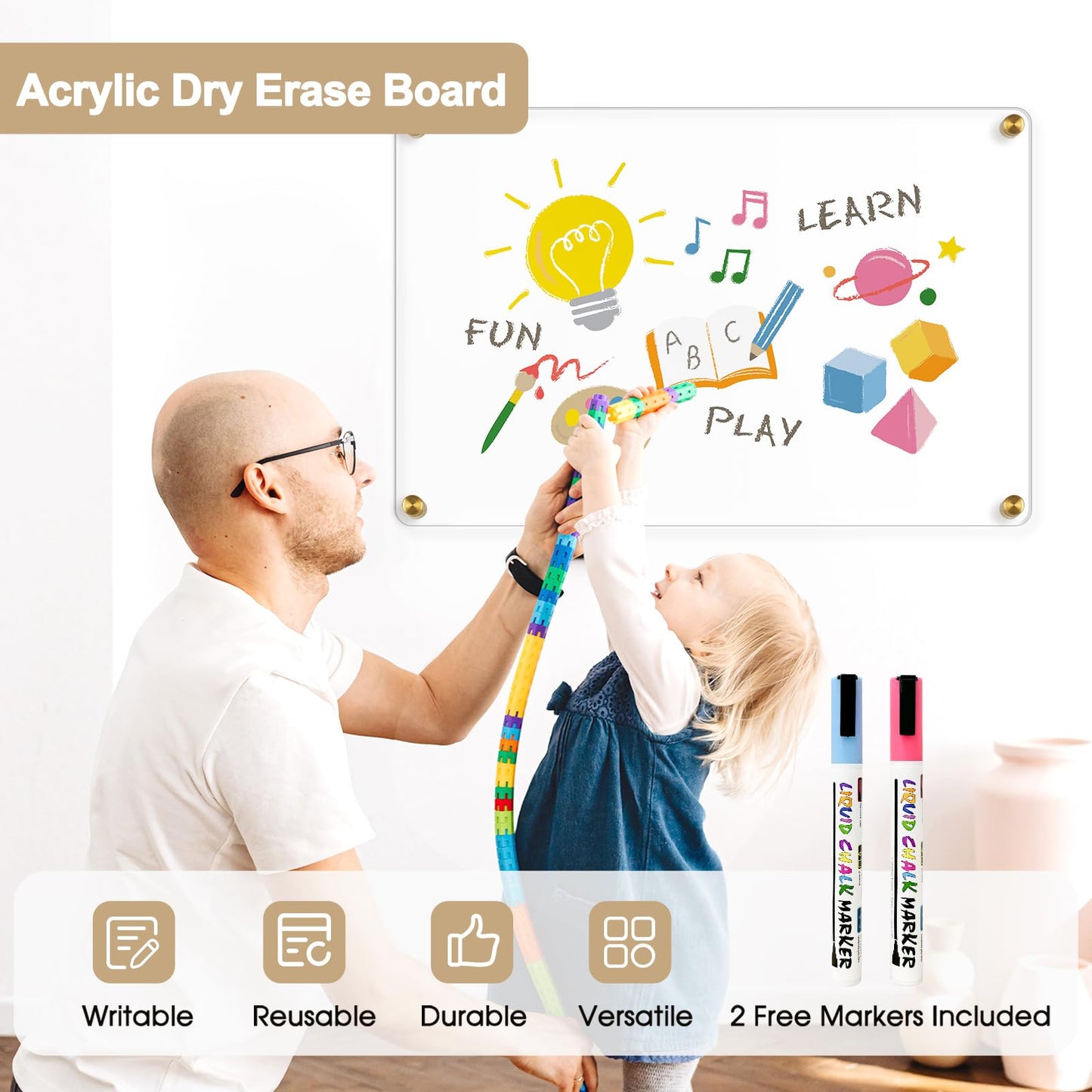 AMUSIGHT Large Clear Acrylic Dry Erase Board, 36" X 24" Golden Non-Magnetic Frameless Clear White Board for Wall, Erasable Acrylic Board for Wall, Home, Office, School, 2 Markers
