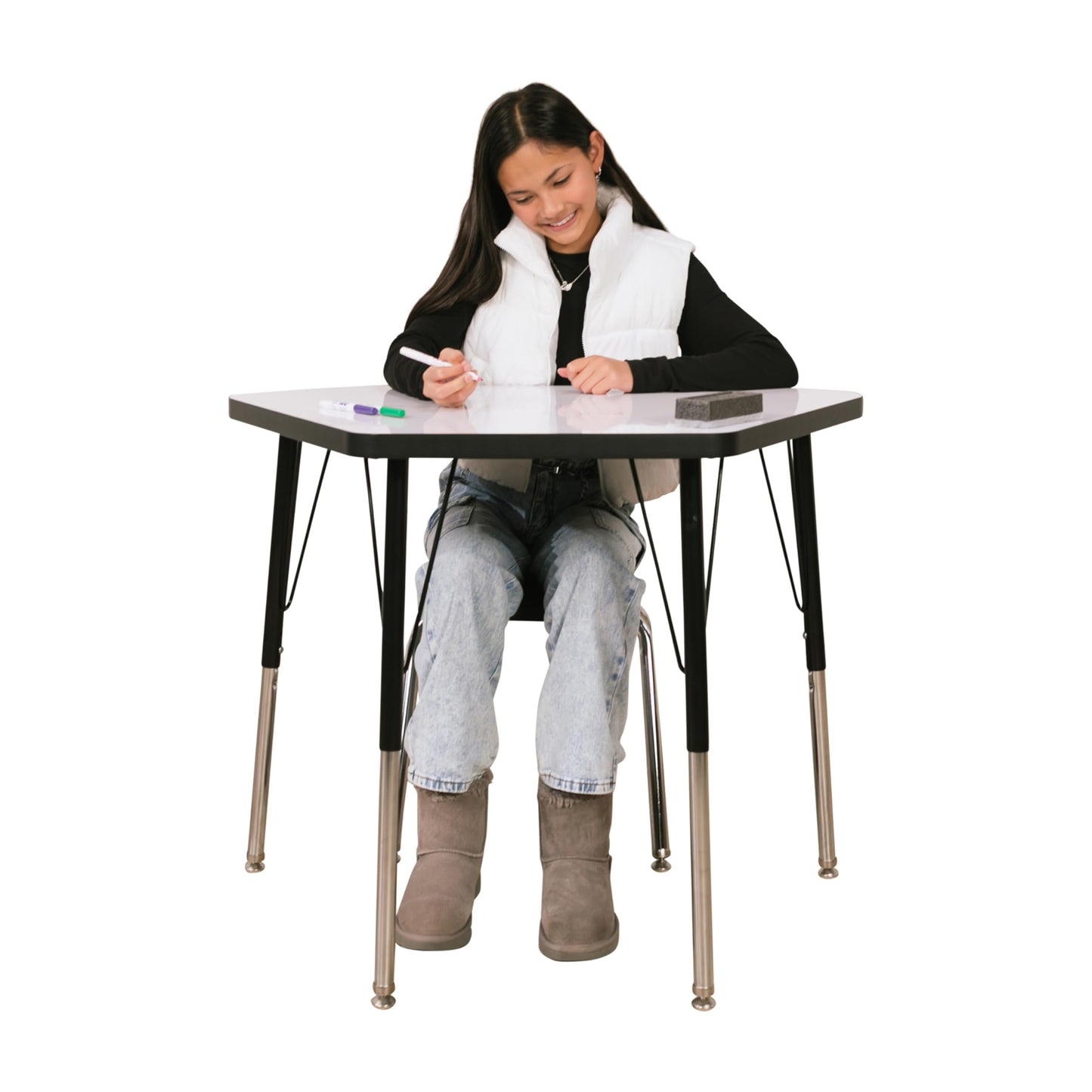 FDP Dry-Erase Petal Activity School and Office Table (24 x 36 inch), Standard Legs with Swivel Glides, Adjustable Height 19-30 inches; Quick Ship Single Box - Whiteboard Top and Black Edge