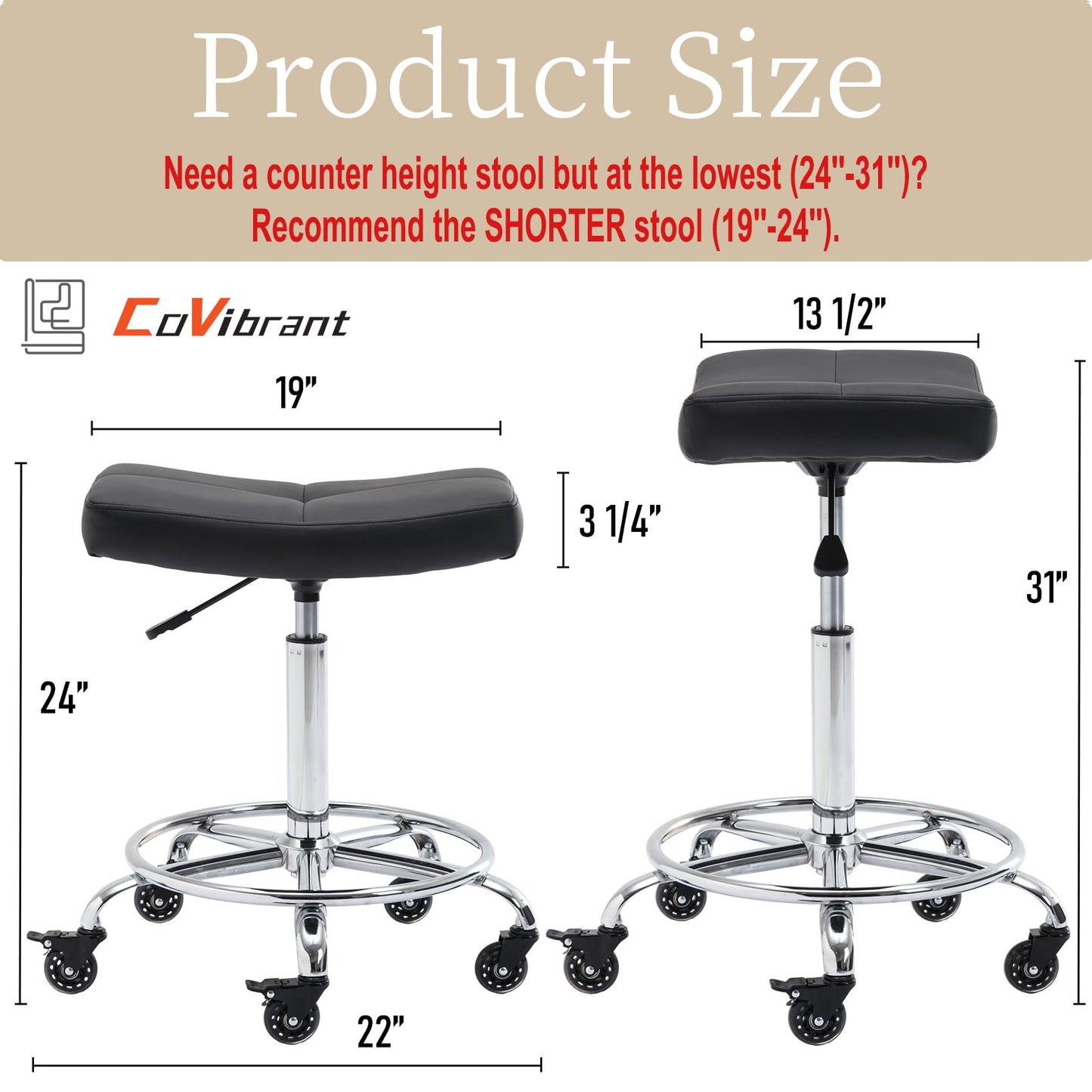 CoVibrant Adjustable Rolling Stool with Extra Wide Seat, Lockable Rubber Wheels & Footrest - Swivel Stool Chair for Kitchen, Lab, Office, Salon, Home (Black, 24''-31'')