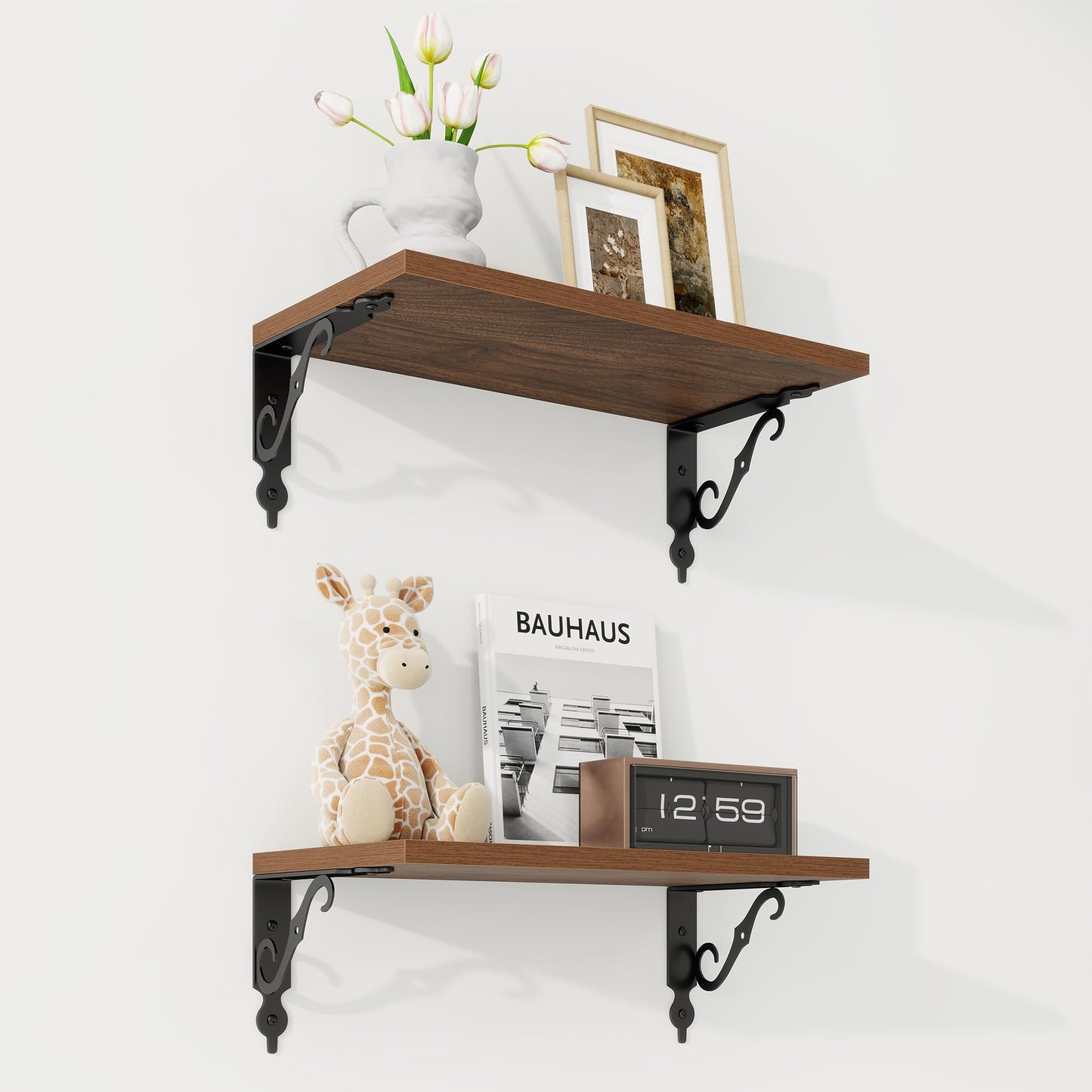 RICHFOCUS Floating Shelves for Wall Decor, 8 Inch Deep Shelves Set of 2, 16W x 8D Floating Shelves Wall Mounted with Metal Brackets, Rustic Wood Shelves for Living Room Bedroom Kitchen, Walnut