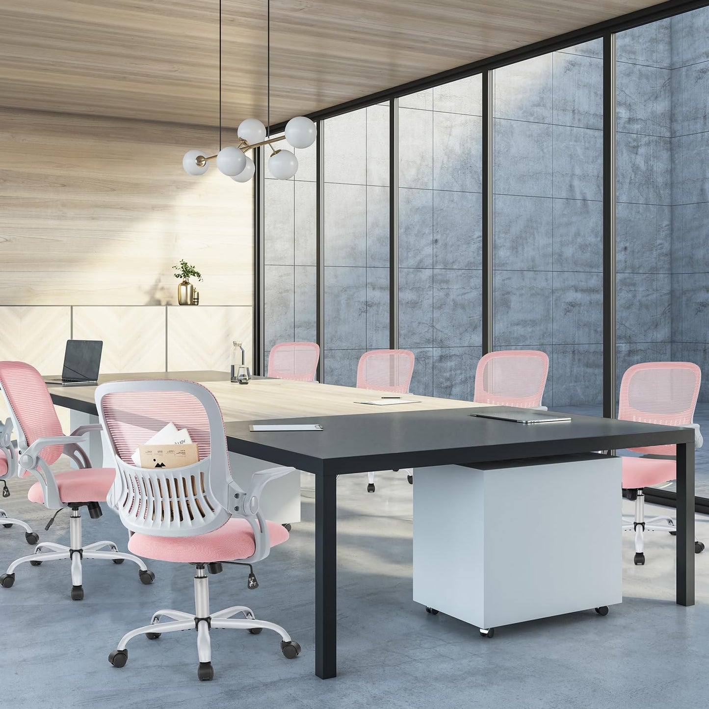 Sweetcrispy Home Office Computer Desk Chair, Ergonomic Mid-Back Mesh Rolling Work Swivel Task Chairs with Wheels, Comfortable Lumbar Support, Comfy Flip-up Arms for Bedroom, Study, Student, Pink