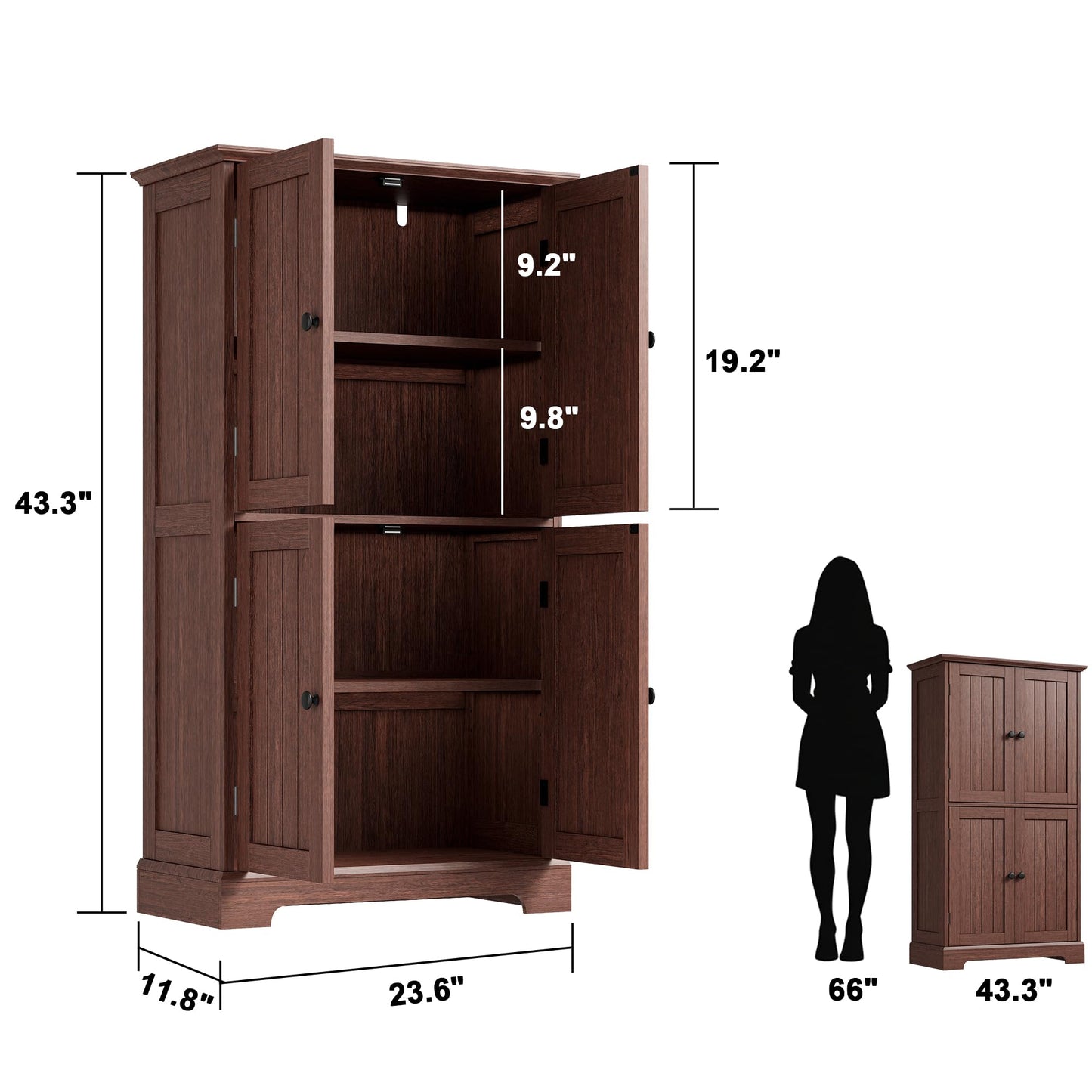 ChooChoo Bathroom Floor Cabinet, Farmhouse Bathroom Storage Cabinet with 4 Doors and Adjustable Shelves, Pantry Cabinet for Living Room, Kitchen, Walnut
