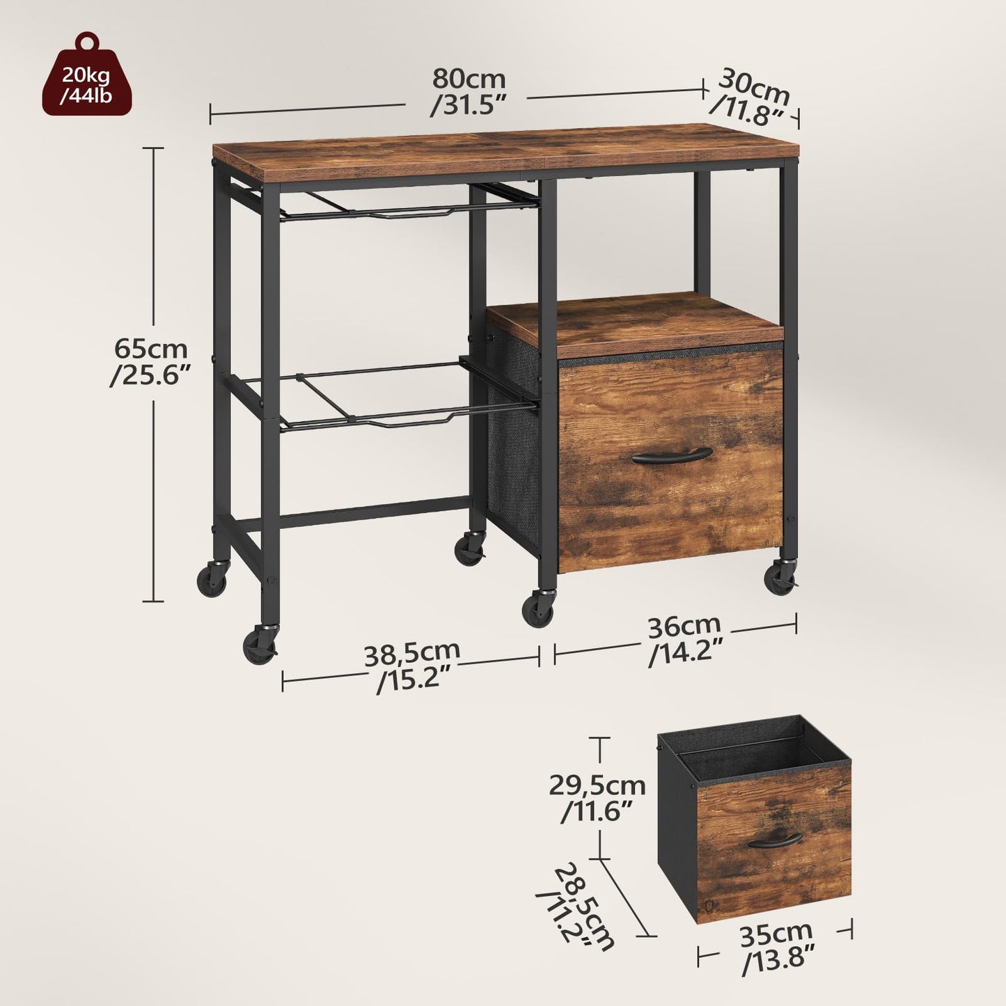 MAHANCRIS File Cart，Lateral File Organizer with Fabric Drawer & Hanging File Holders, Mobile File Organizer for Home Office, Printer Stand with Wheels & Adjustable Feet, Rustic Brown FCHR6001