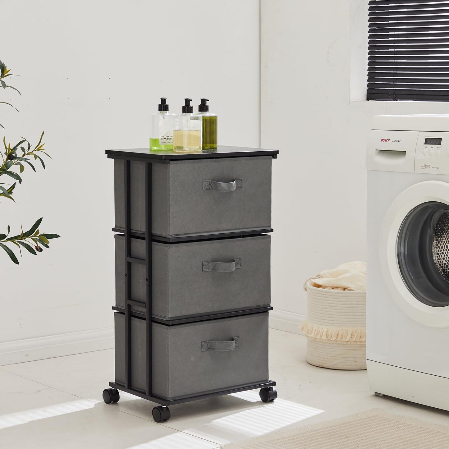 MAX Houser Dresser Tower with 3 Drawers for Bedroom, Fabric Storage Organizer Unit, Chest of Drawers with with WoodTop, Small Vertical Storage for Guest Room, Closet, Entryway(Grey)