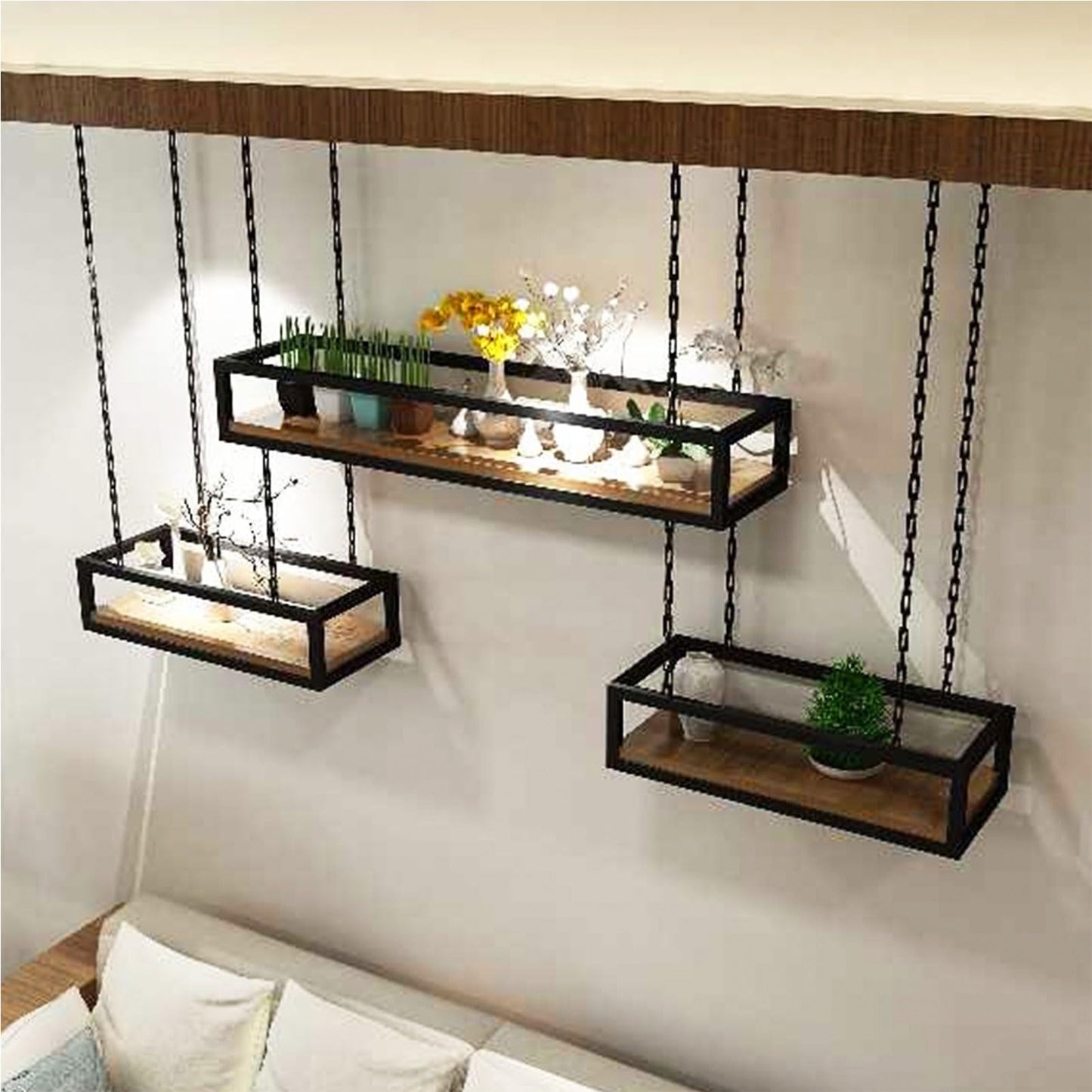 DCTPETHM Creative Bar Wine Racks,Flower Stand Hanging from The Ceiling, Metal Ceiling-Mounted Display Wall Shelves | with Chains Storage Shelf for Cafe Kitchen Garden, Black (Size : 60x25x1