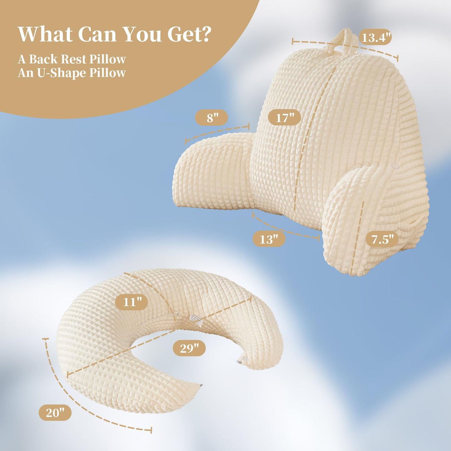 19" Reading Pillow for Bed,U Shaped Arm & Elbow Support,White Corduroy