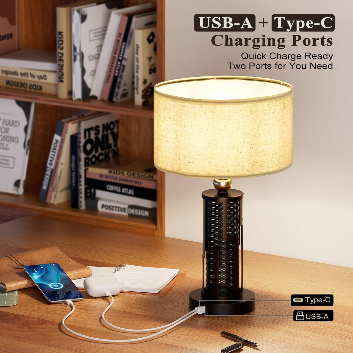 HYMELA V07-2 21.65" Farmhouse Table Lamp, Rustic Bedside Nightstand Light with USB A+C Charging Ports for Nightstand Bedroom Study Living Room, 3-Way Dimmable Desk Lamp