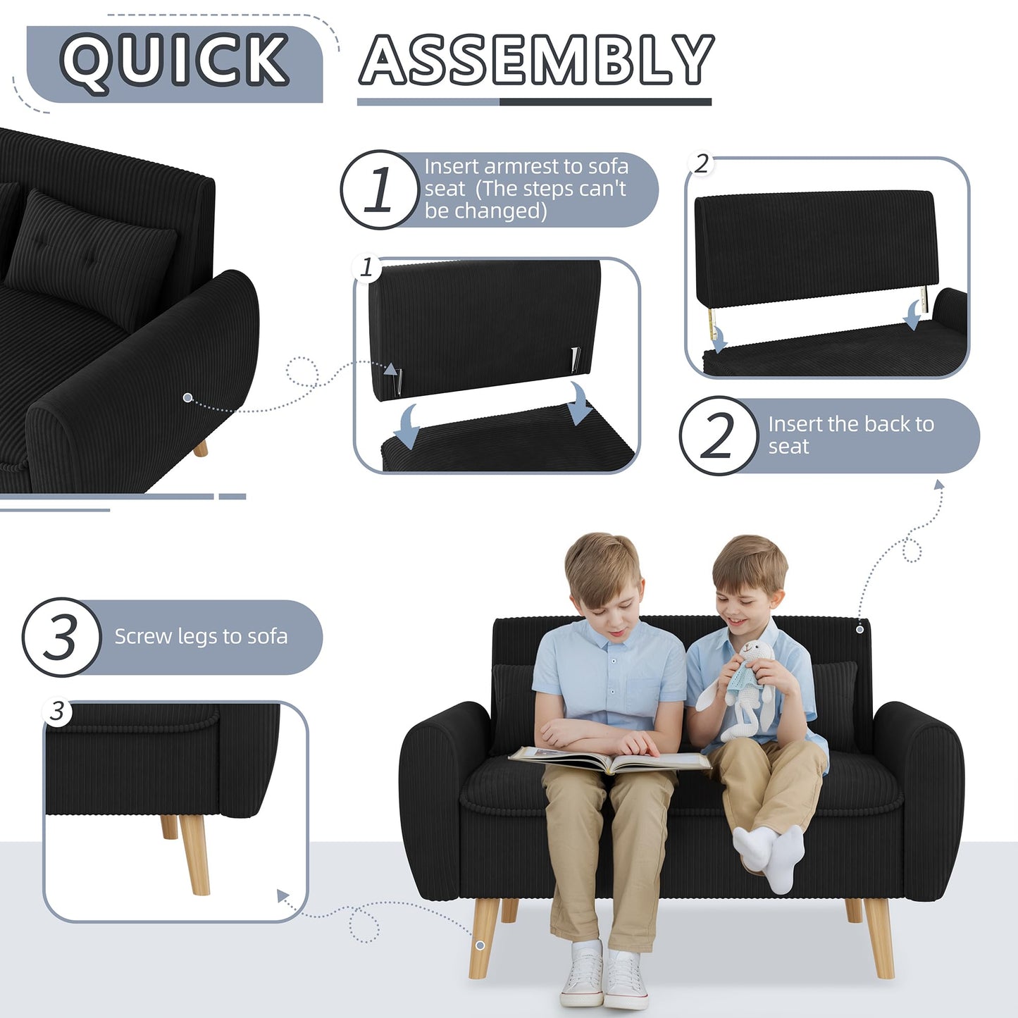 Shintenchi 48'' Loveseat Sofa, Mid-Century Modern Upholstered Couch Deep Seat with 2 Pillows, 10" Thick Cushion with Spring, Solid Wood Frame Small Couch for Living Room, Dorms & Office, Black