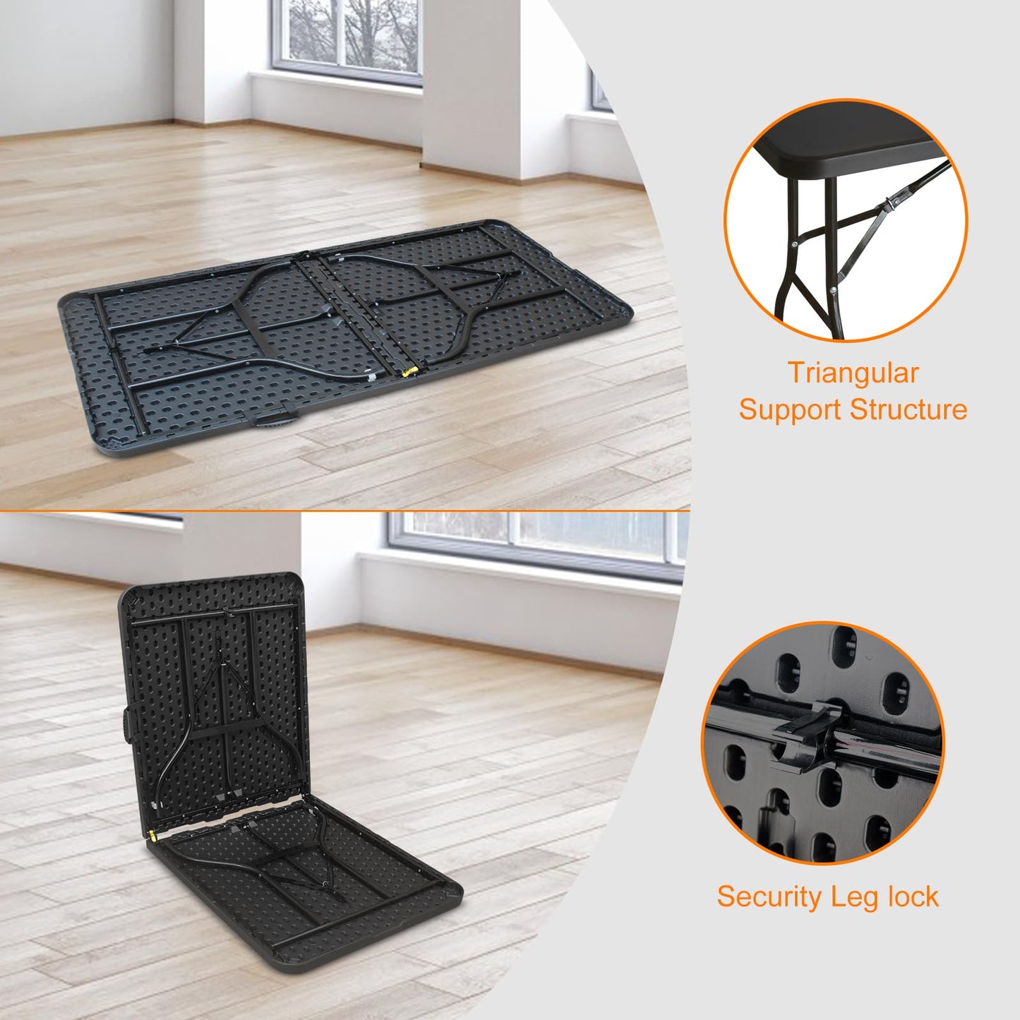 SculPong 6 FT Folding Table with Carry Handle, Portable Fold-in-Half Plastic Table, Rectangle Foldable Table for Indoor/Outdoor Black