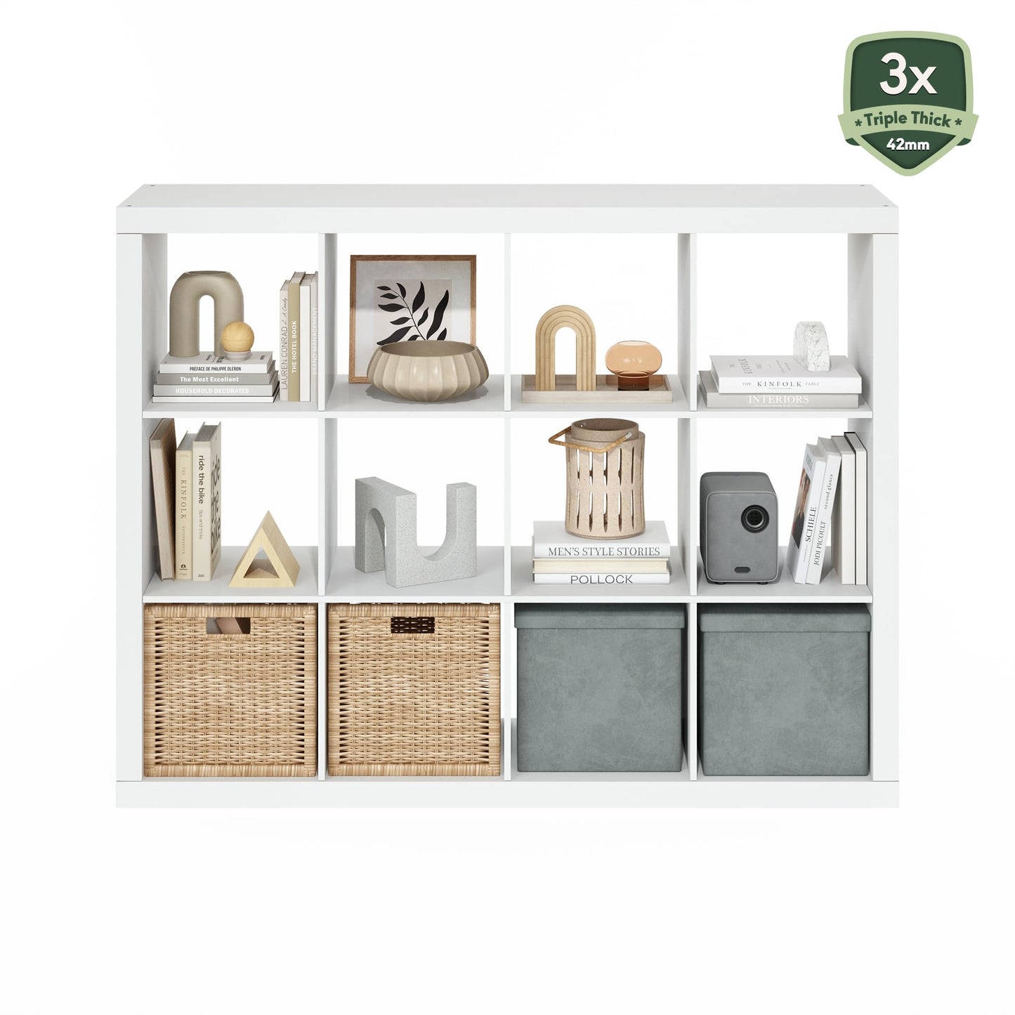 Furinno Cubicle Book Shelf, 12-Cube Bookshelf, Triple Thick Frame Cube Storage Organizer, 1.65" Thick Bookcase, 15.4" x 57.4" x 43.4", for Home Office, Living Room, Plain White
