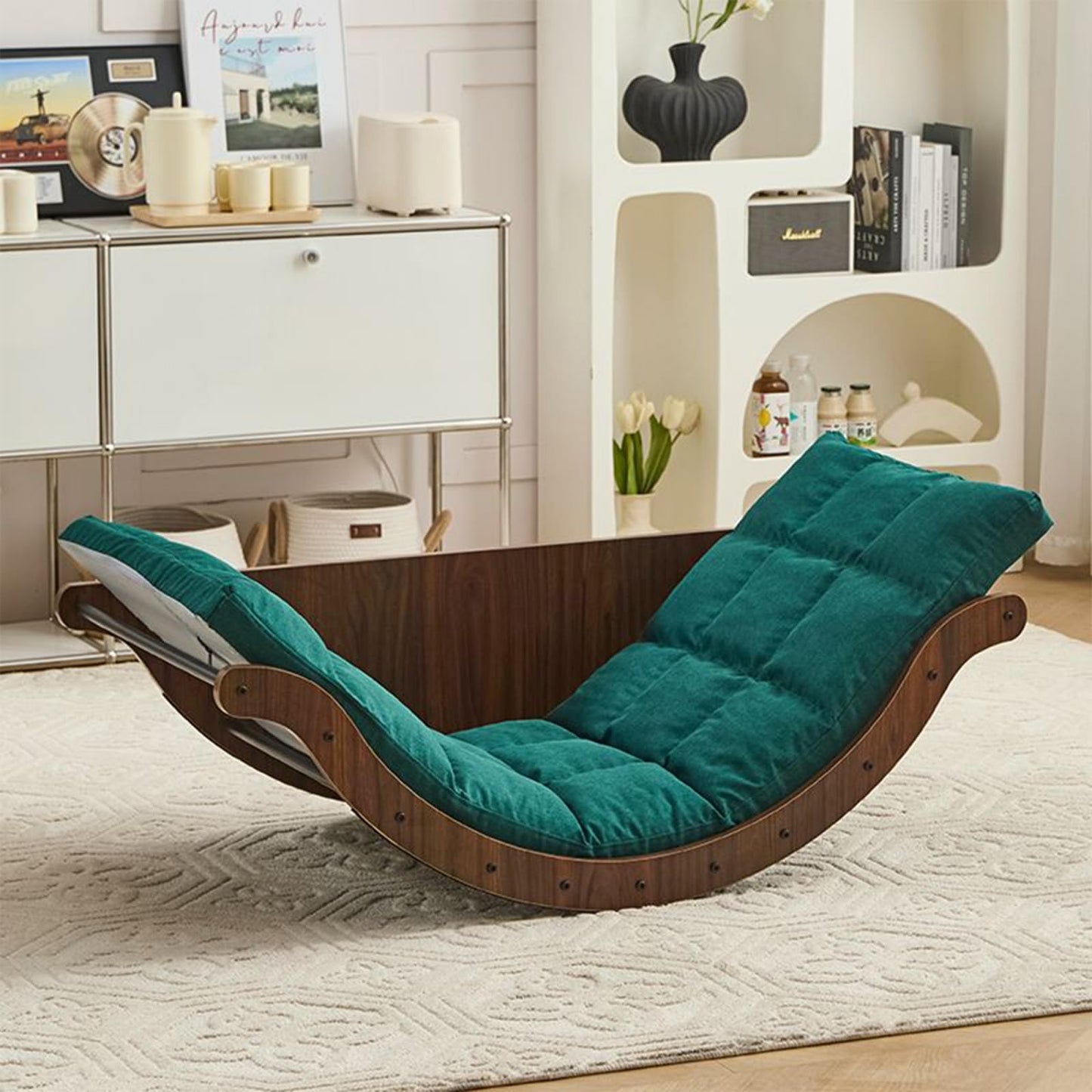 Curved Rocking Lounge Chair for Living Room, Multifunctional Lazy Lounge Chair, Human Dog Nest Napping Chair, Dormitory Balcony Sofa Chair (Green)