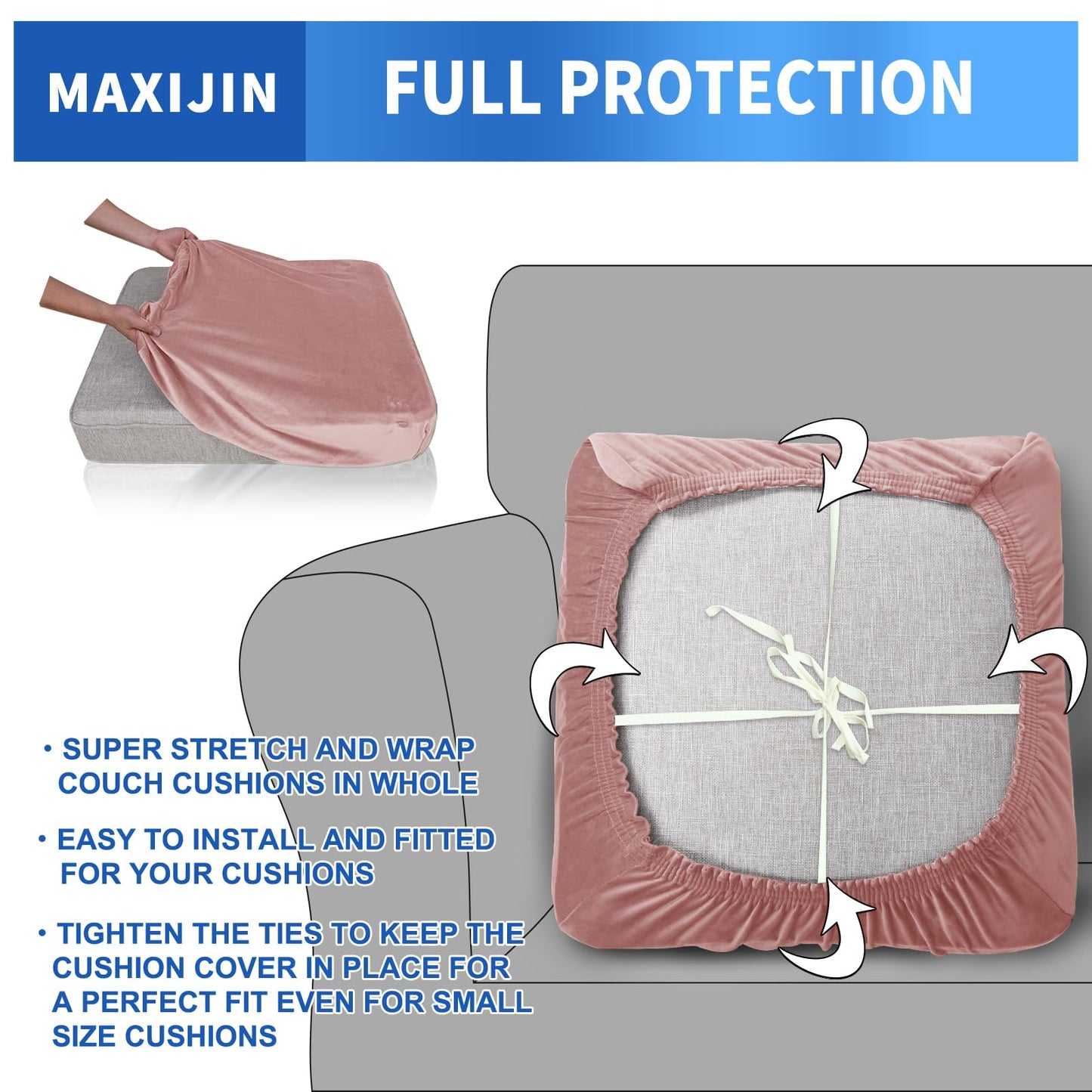 MAXIJIN Velvet Stretch Cushion Cover Fitted Couch Cushion Slipcovers 1 Pack Arm Chair Seat Cushion Cover for Individual Cushion Sofa Chair with Elastic Bottom (Chair Cushion, Dusty Pink)