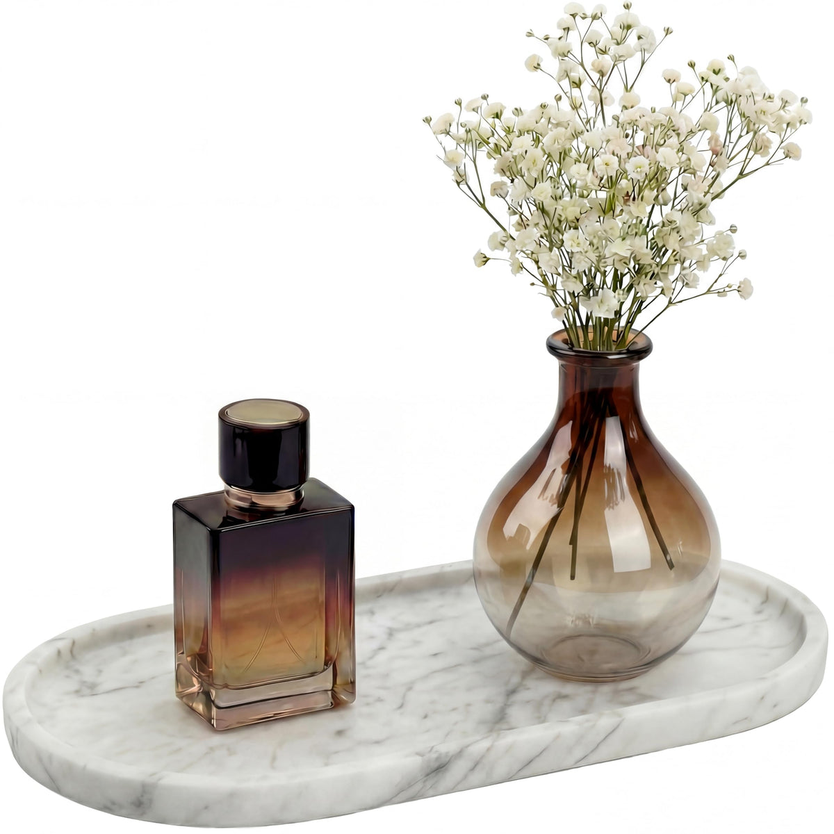 YKAJO Oval Real Marble Tray for Bathroom Kitchen Counter Stone Decorative Vanity Tray for Dresser Perfume Heavy Catchall Organizer for Soap Jewelry (Carrara White, 11.8" x 5.9")
