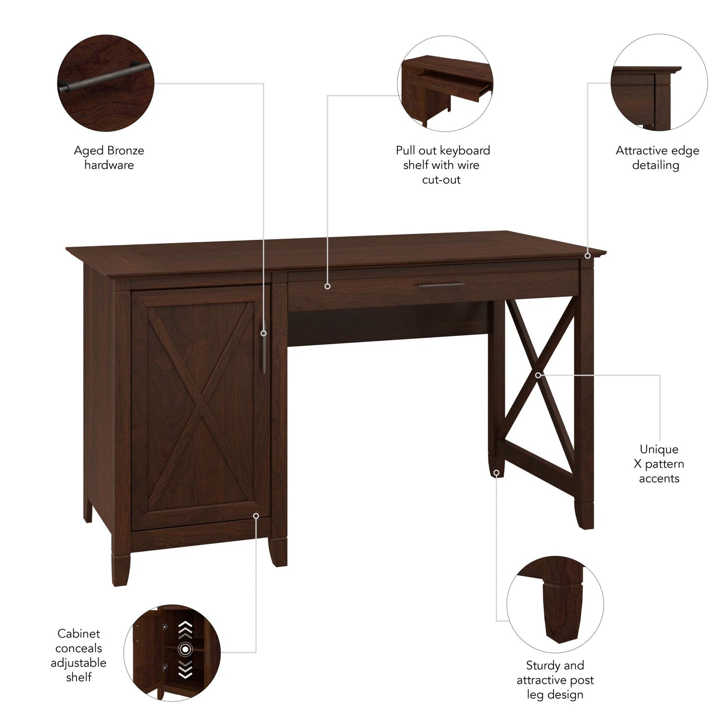 Bush Home Key West Computer Desk with Storage | Farmhouse PC Table for Home Office in Bing Cherry | 54W x 24D