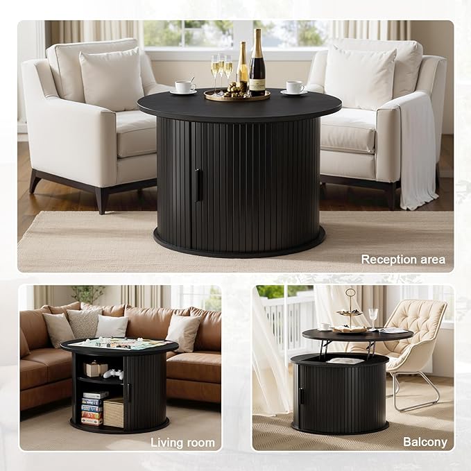 FABATO Round Lift Top Coffee Table, Fluted Wood Accent Coffee Table