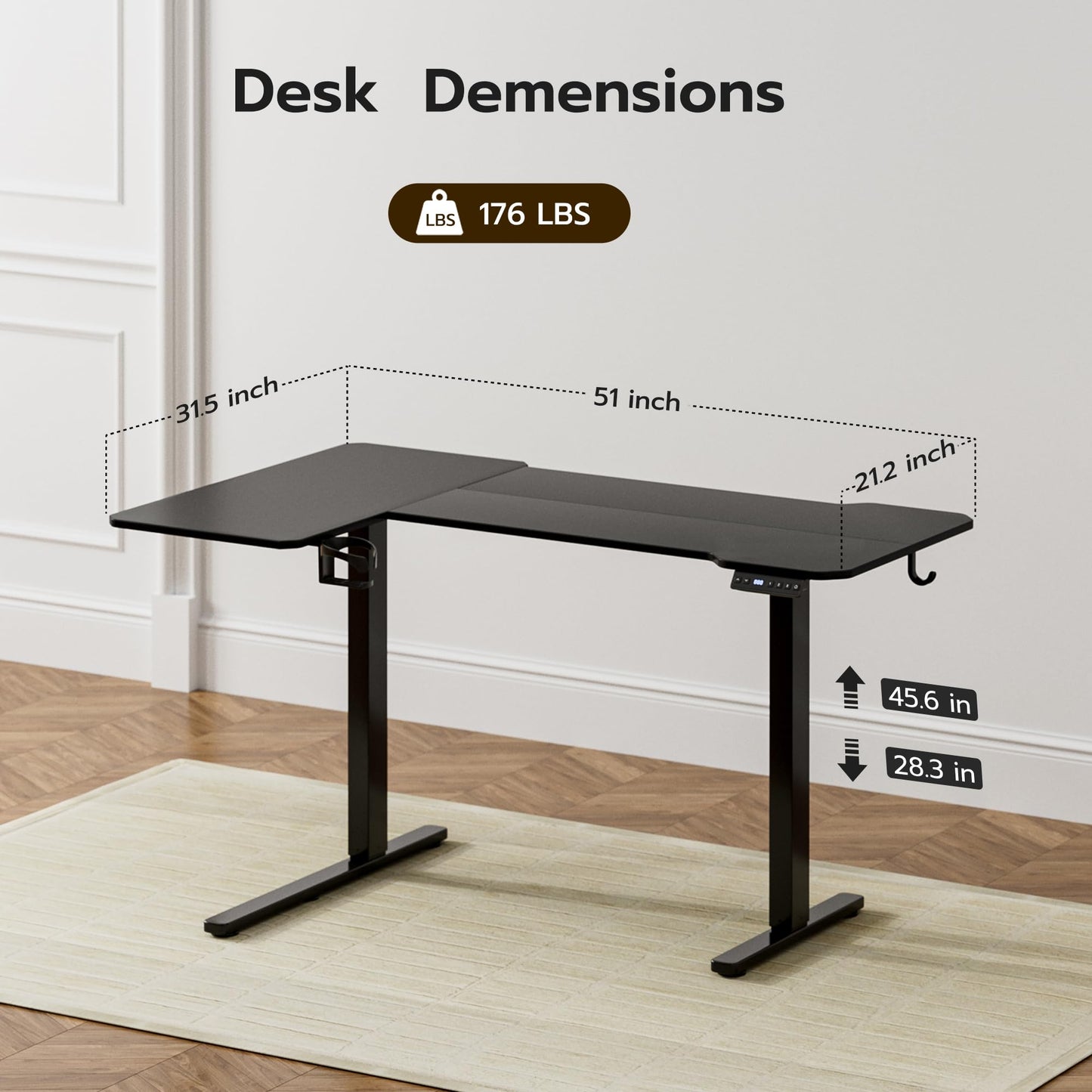 Acrolix L Shaped Electric Standing Desk - 51x31.5 Inch Reversible Corner Sit Stand Desk with Hook&Cup Holder,Electric Height Adjustable Table,for Small Home Office&Bedroom Computer Desk, Black