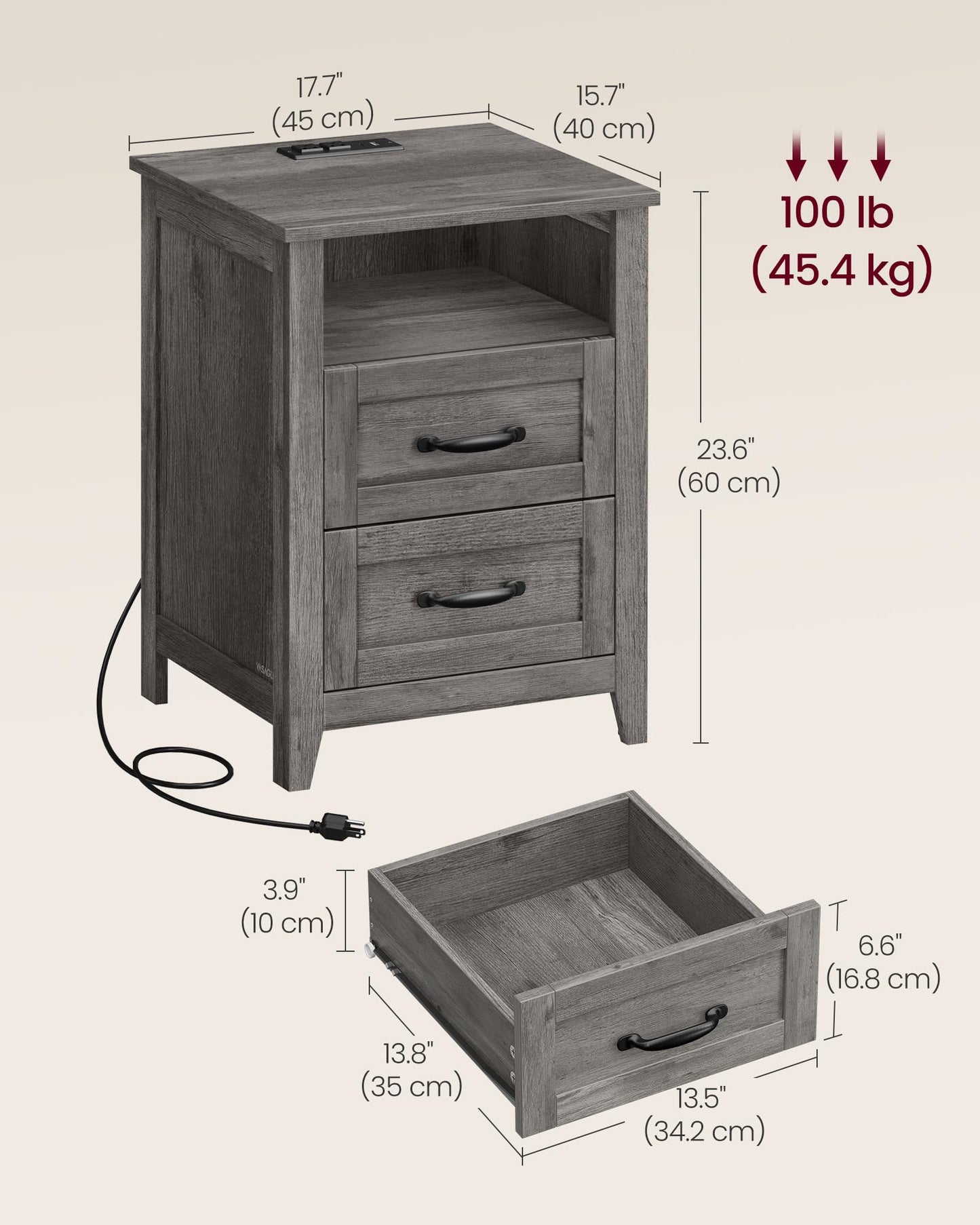 VASAGLE LIRY Collection - Farmhouse Nightstands with Charging Station, Set of 2 Bedside Tables, Side Tables with 2 Drawers, Open Compartment, for Bedroom, Misty Gray ULET869G01
