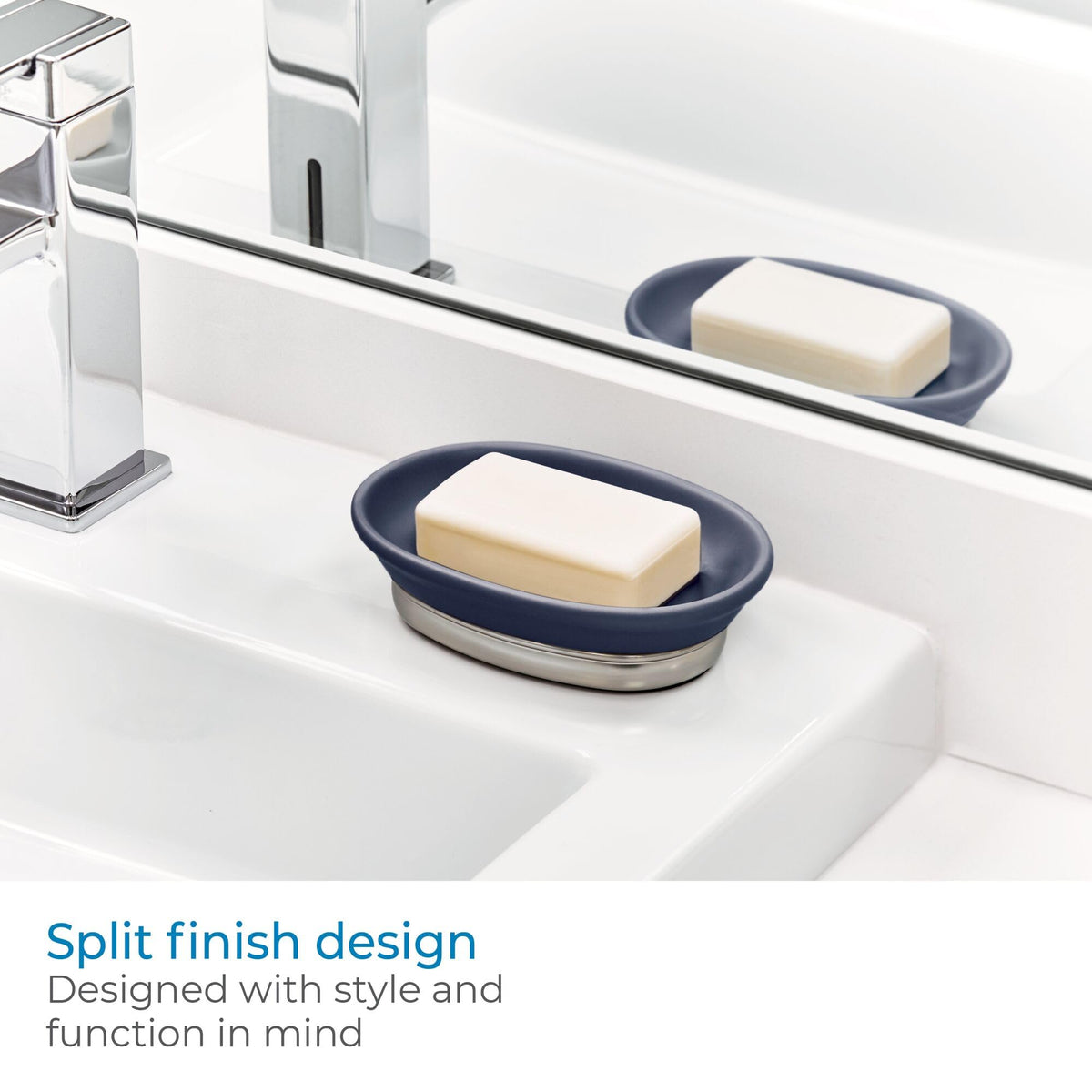 iDesign Ceramic and Steel Bar Holder, The York Collection Soap Dish, Matte Navy/Brushed Nickel
