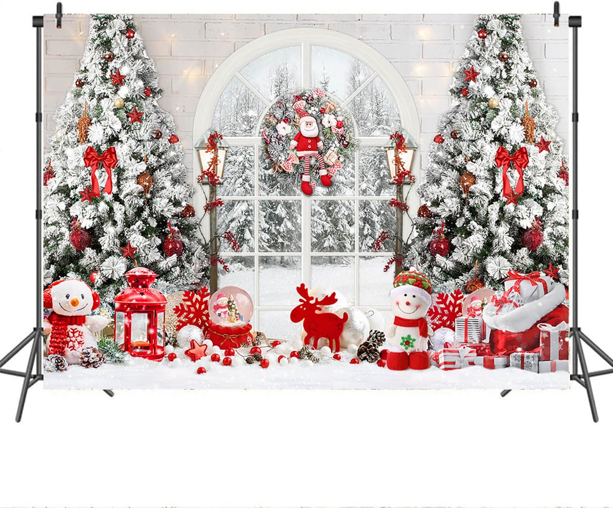 Mocsicka Christmas Window Backdrop Snow World Santa Claus Snowman Photography Background Christmas Tree New Years Kids Family Party Decoration Props Portrait Photo Studio Props (8x6ft)