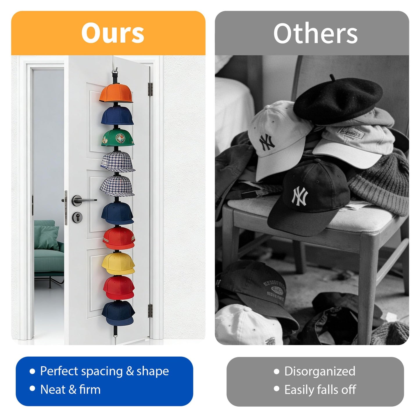 Aitsuremoom Hat Rack for Door, Over the Door Hat Organizer for Baseball Caps, Adjustable Cap Storage with 10 Two-Way Hanging Display Hooks, No-Drill Space-Saving for Bedroom Closet Entryway, 1 Pack