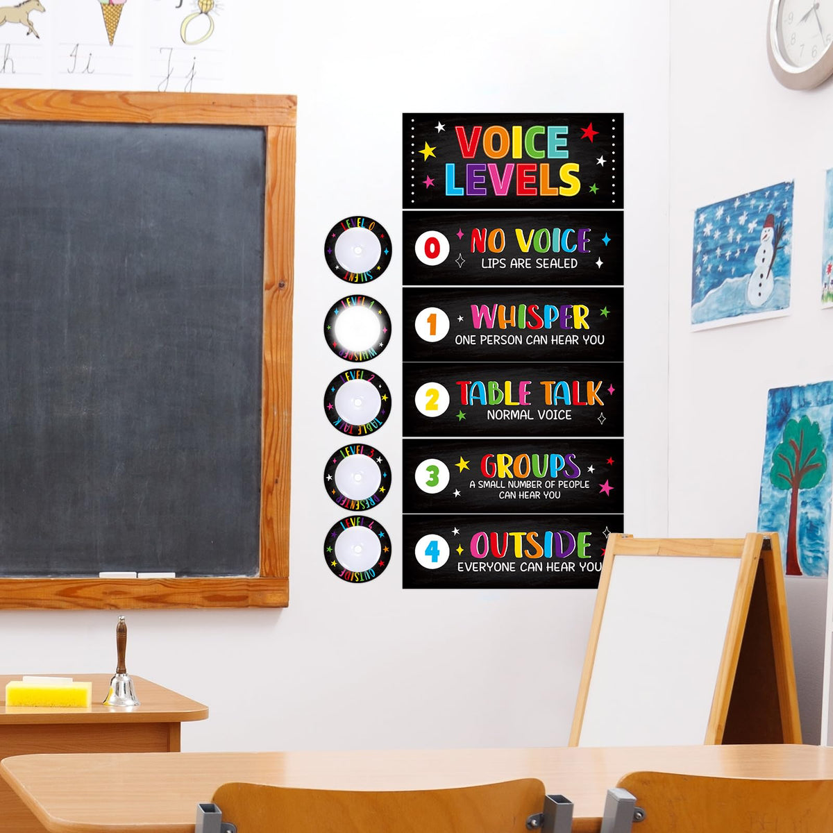 5 Pcs School Push Light and Voice Level Poster Voice Level Chart Monitor Rules Sign LED Tap Light Classroom Rules Poster Noise Chart Classroom Management Tools for Teachers（Colorful chalkboard Style）
